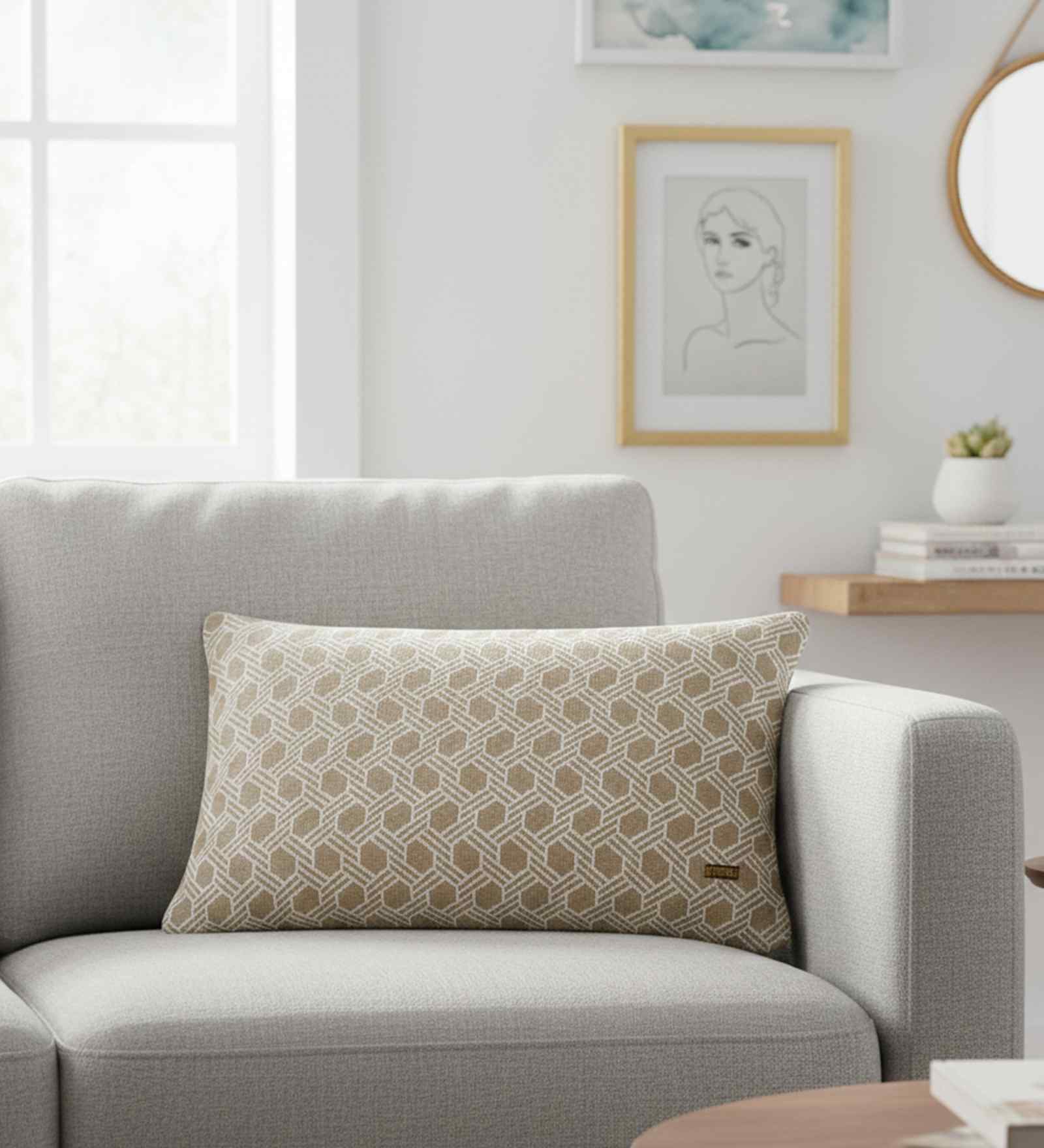 Beige & Natural 100% Cotton Geometric 12X20 Inches Knitted Cushion Cover