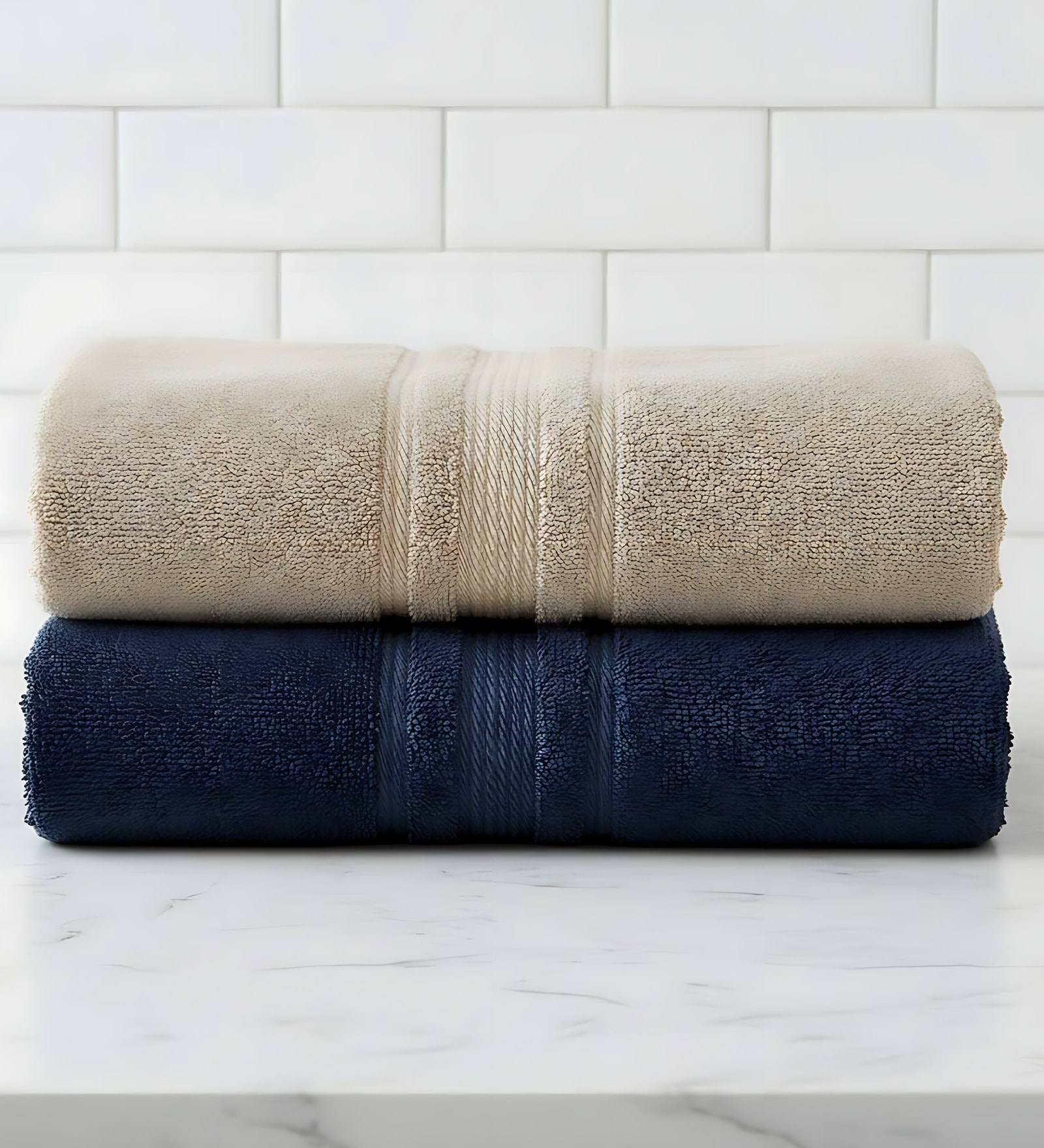 Beige & Navy Blue Soft Cotton 500 GSM Solid Bath Towel Pack Of 2