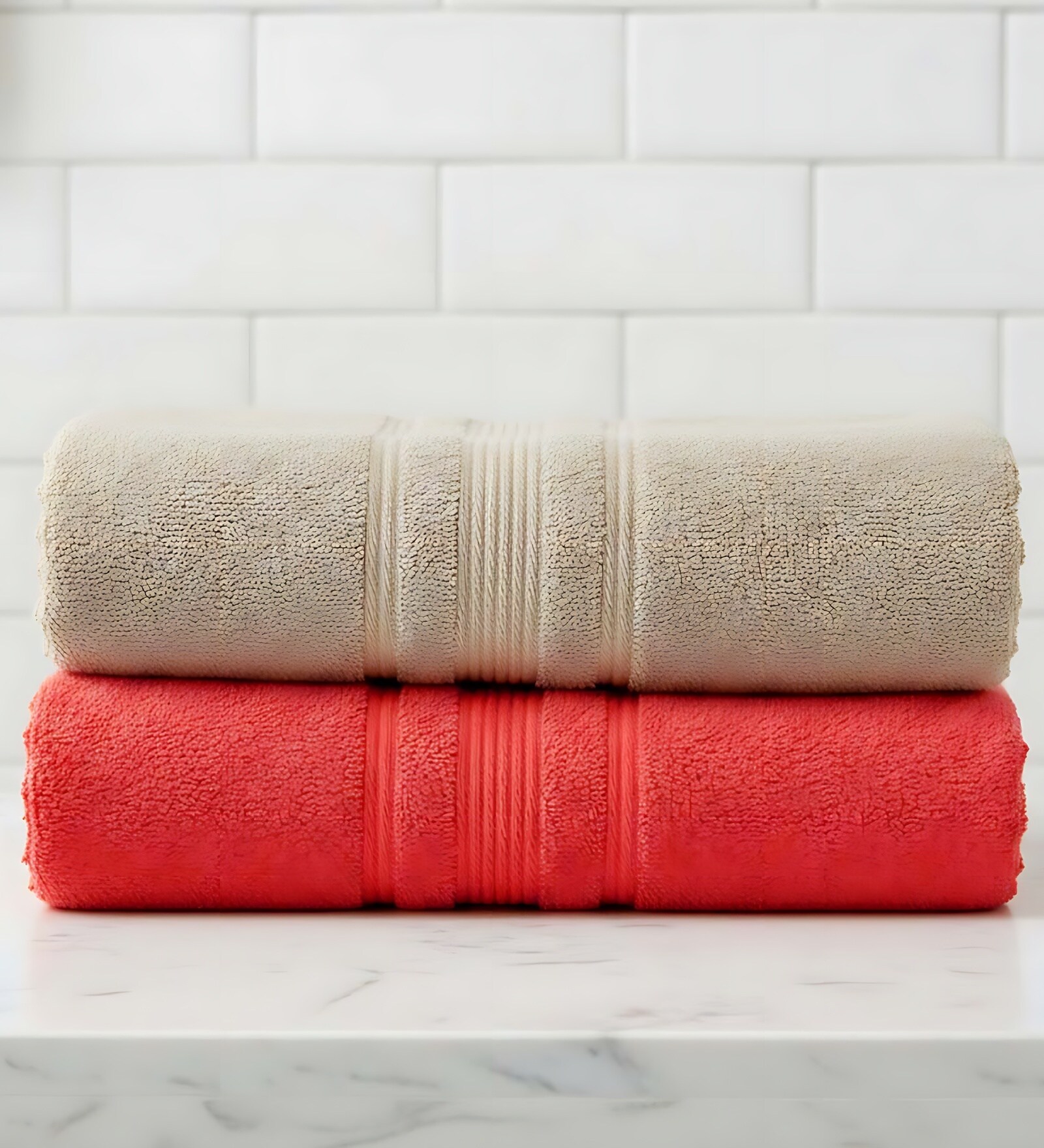 Beige & Red Soft Cotton 500 GSM Solid Bath Towel Pack Of 2