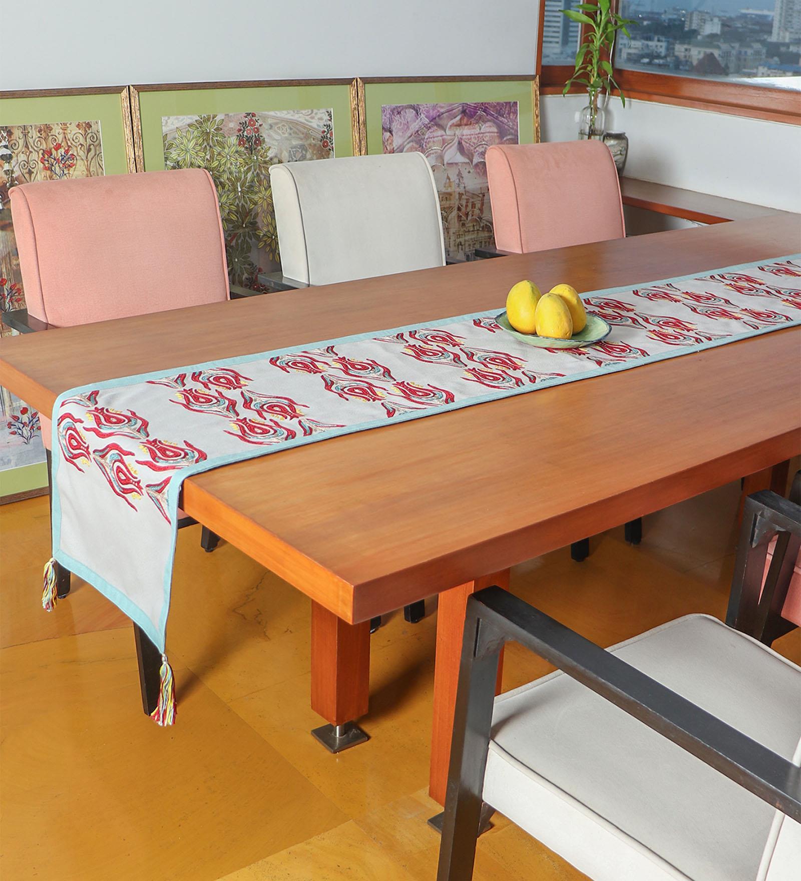 Beige & Teal Floral Cotton (12 x 84 ) Table Runner