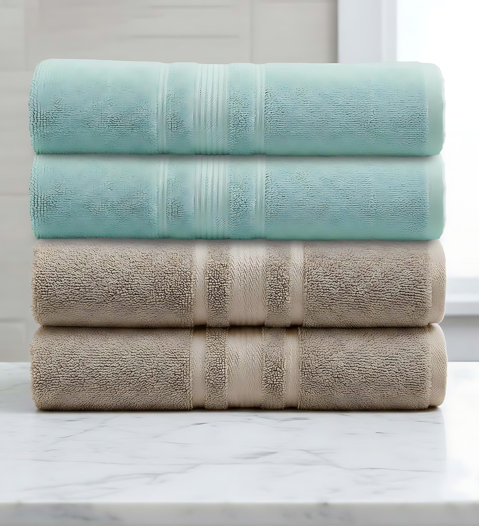 Beige & Water Green Soft Cotton 500 GSM Solid Bath Towel Pack Of 4
