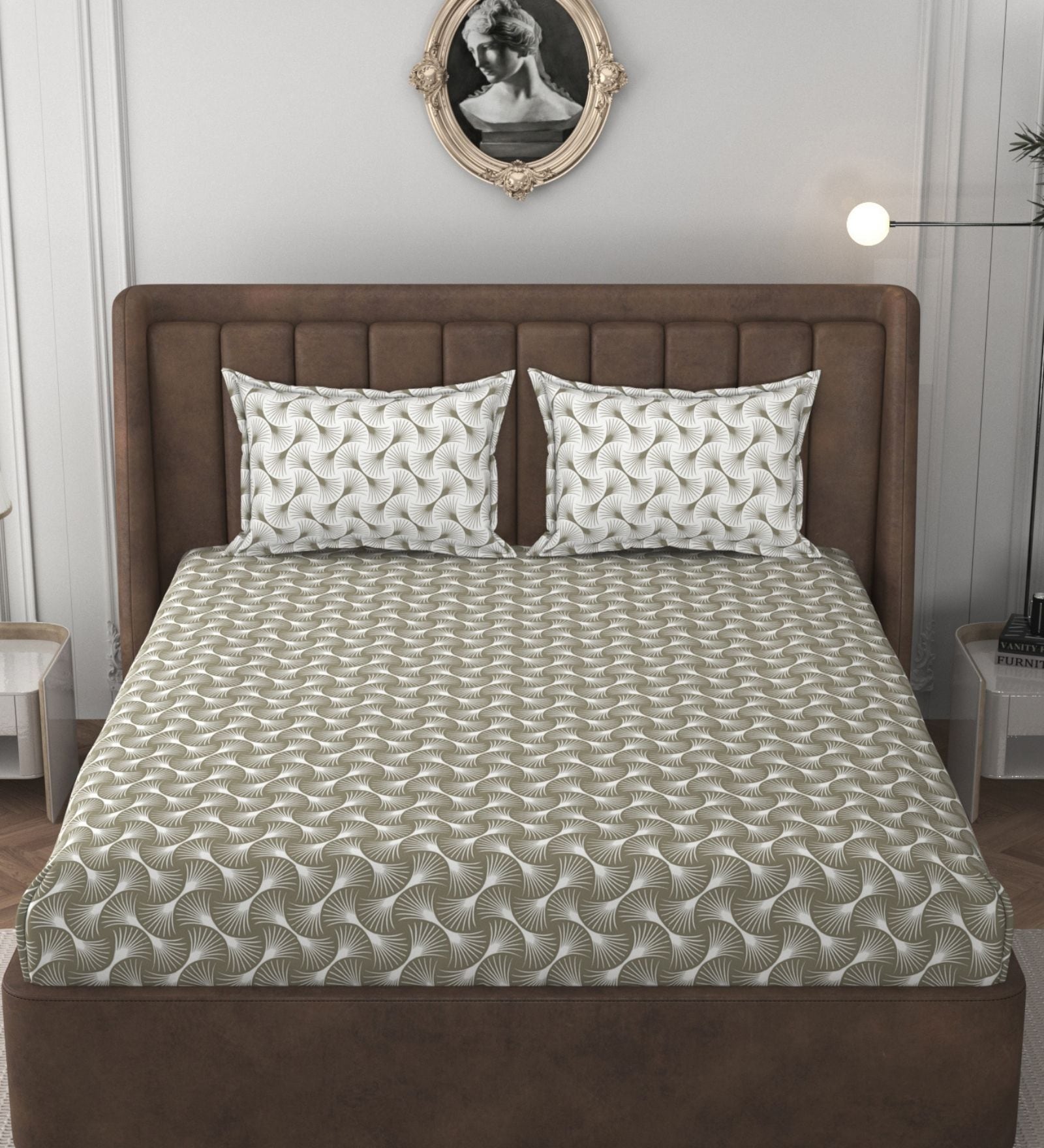 Beige & White Glace Cotton Self Design Elastic Fitted King Bedsheet With 2 Pillow Covers