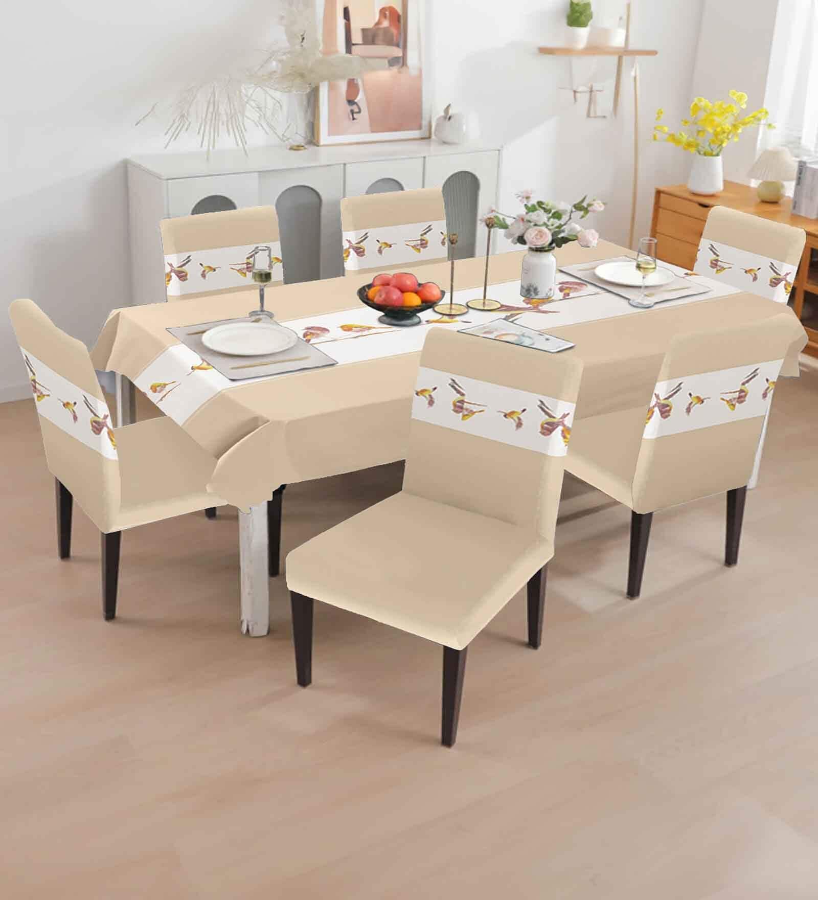Beige & White Solids 7 Pcs PVC & Spandex Table Cover With 6 Chair Cover