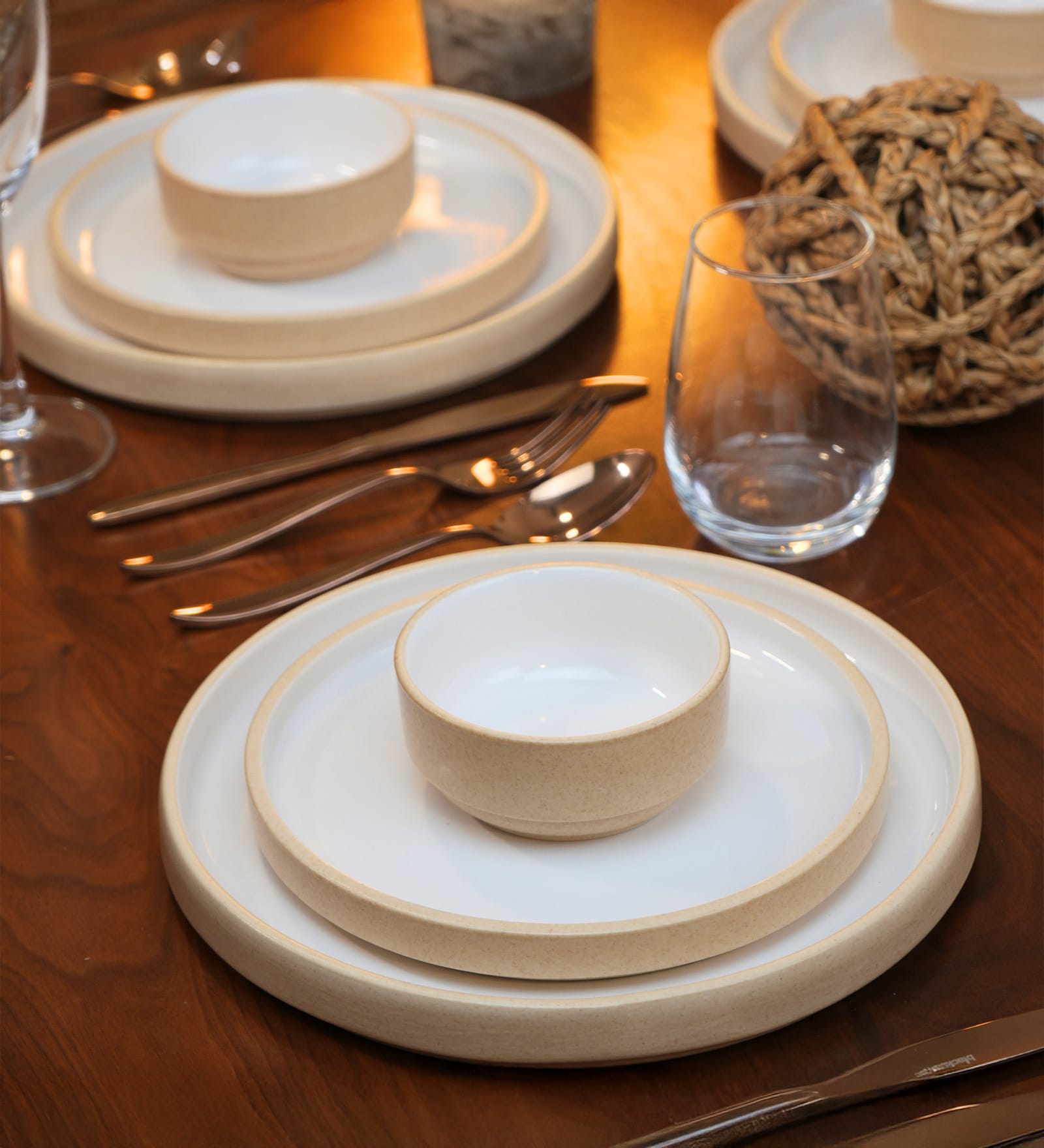 (Set Of 6) Beige & White Stoneware Full Plates