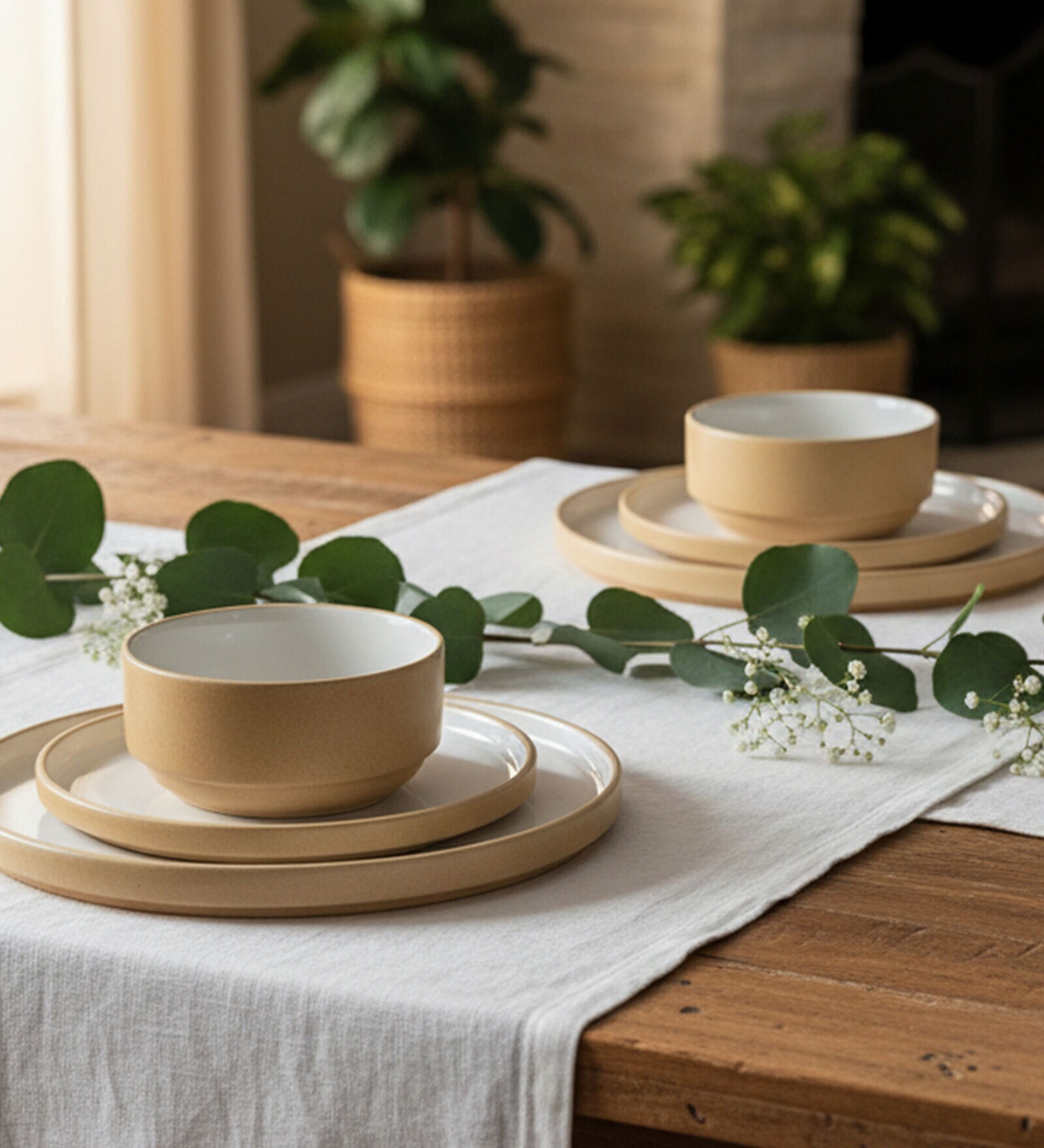 (Set Of 2) Beige & White Stoneware Snack Bowl