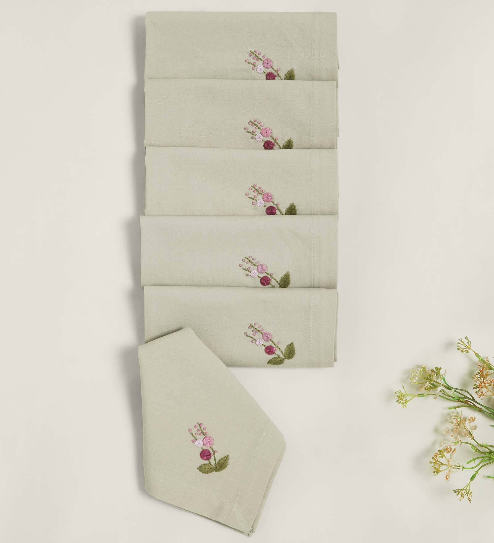 Beige (16 x16 ) Floral Hand Embroidered Cotton (Set of 6) Napkin Sets
