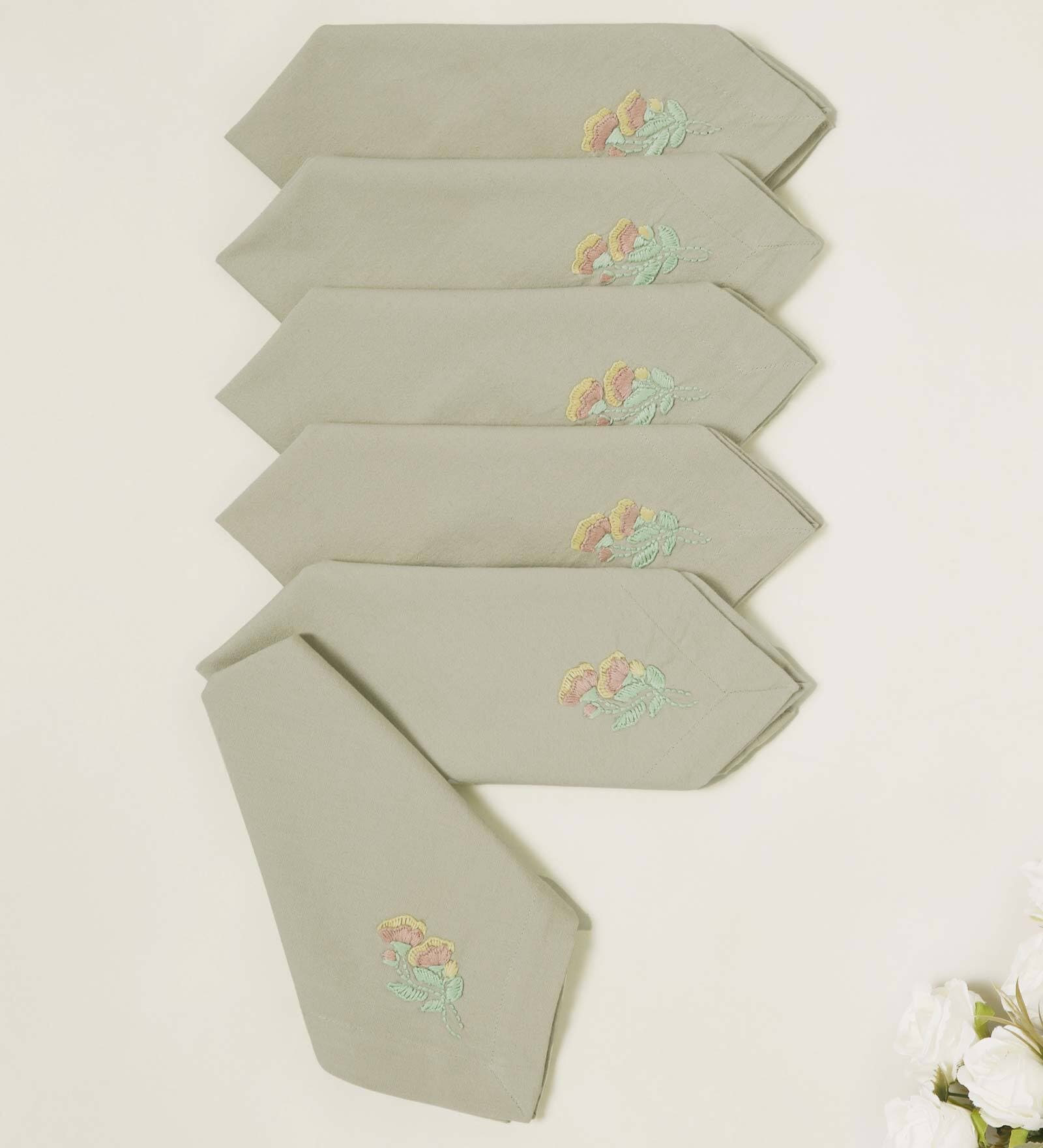 Beige (16 x16 ) Floral Hand Embroidered Cotton (Set of 6) Napkin Sets