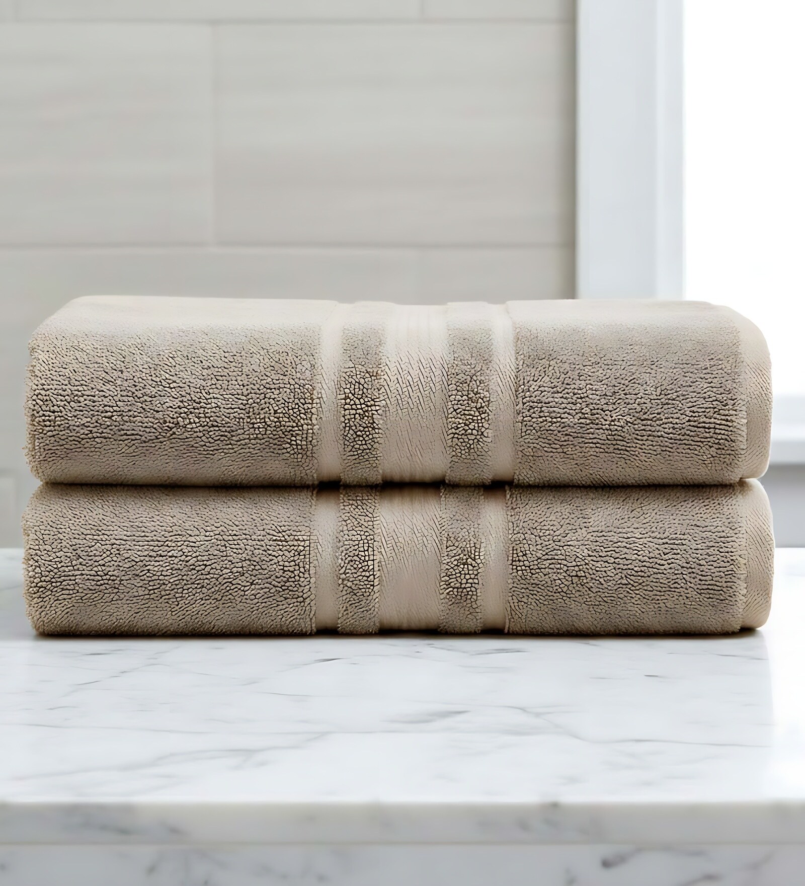 Beige Soft Cotton 500 GSM Solid Bath Towel Pack Of 2