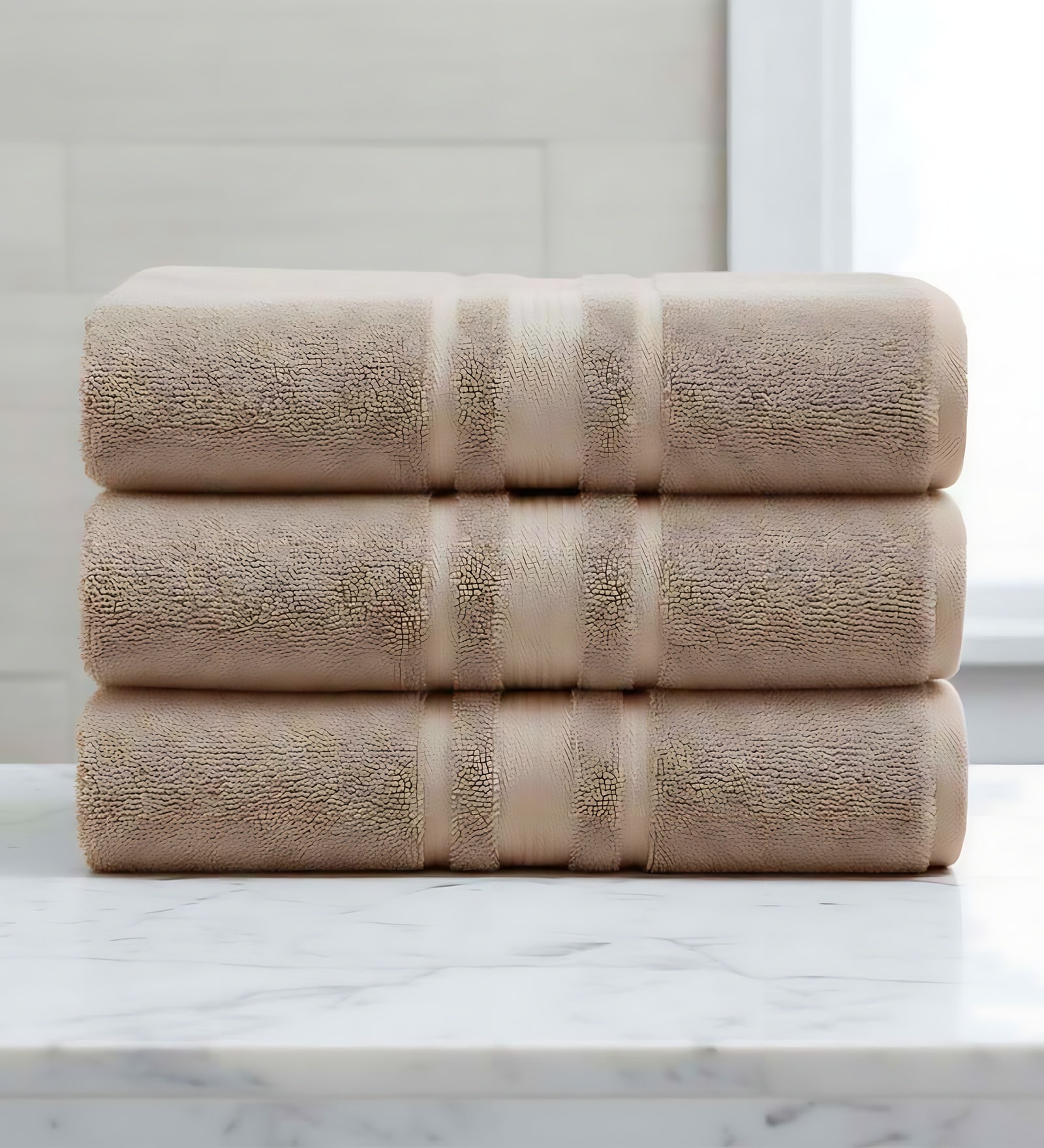 Beige Soft Cotton 500 GSM Solid Bath Towel Pack Of 3