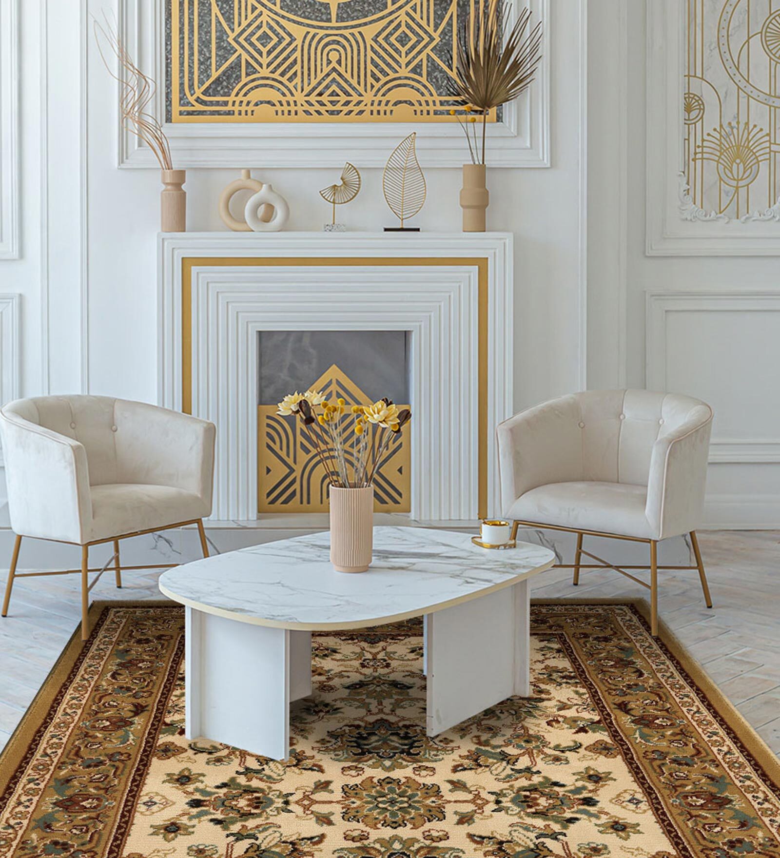 Beige Traditional 4 ft x6 ft Machine Made Carpet