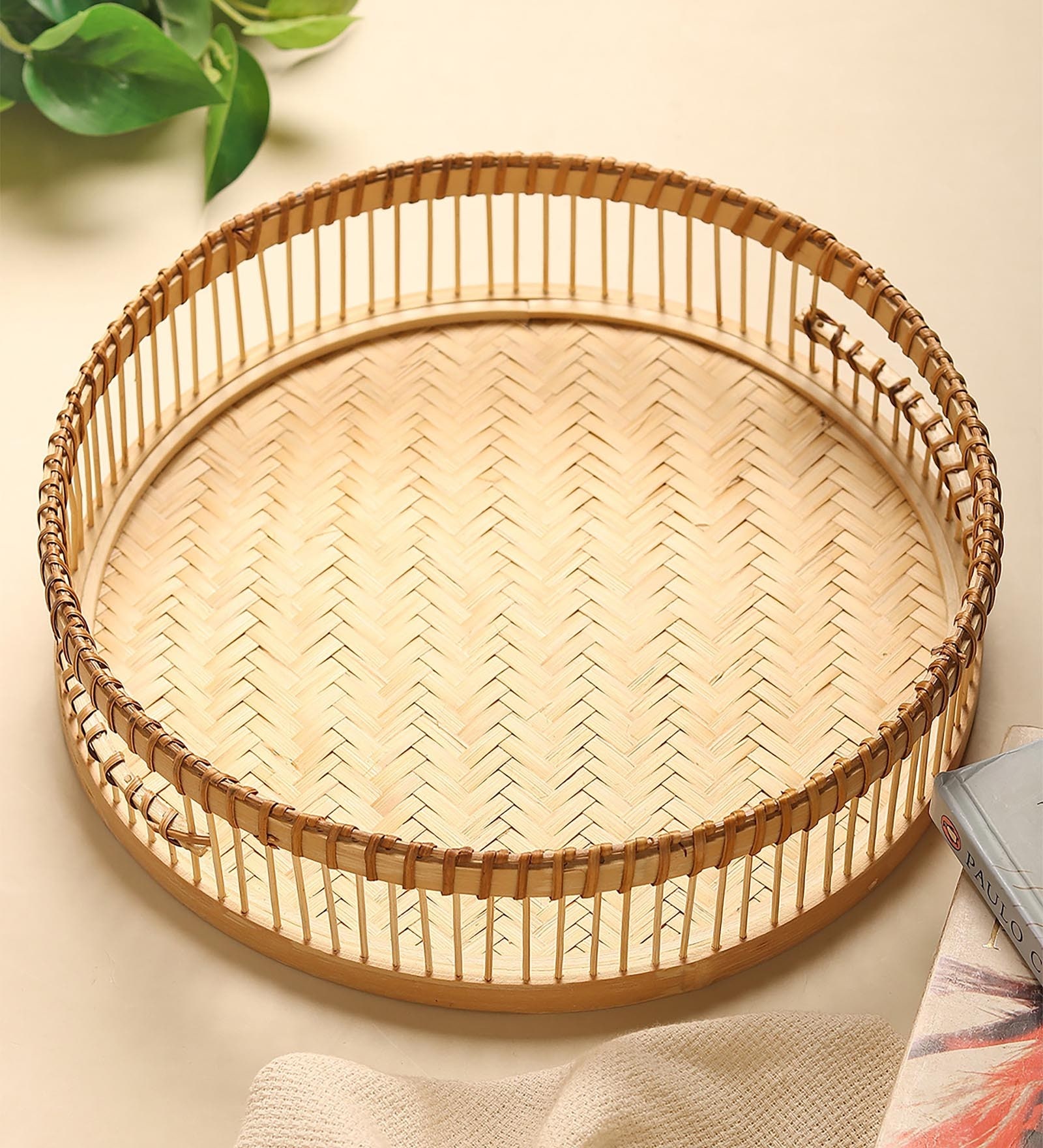 Beige  Bamboo Round Hamper Serving Tray