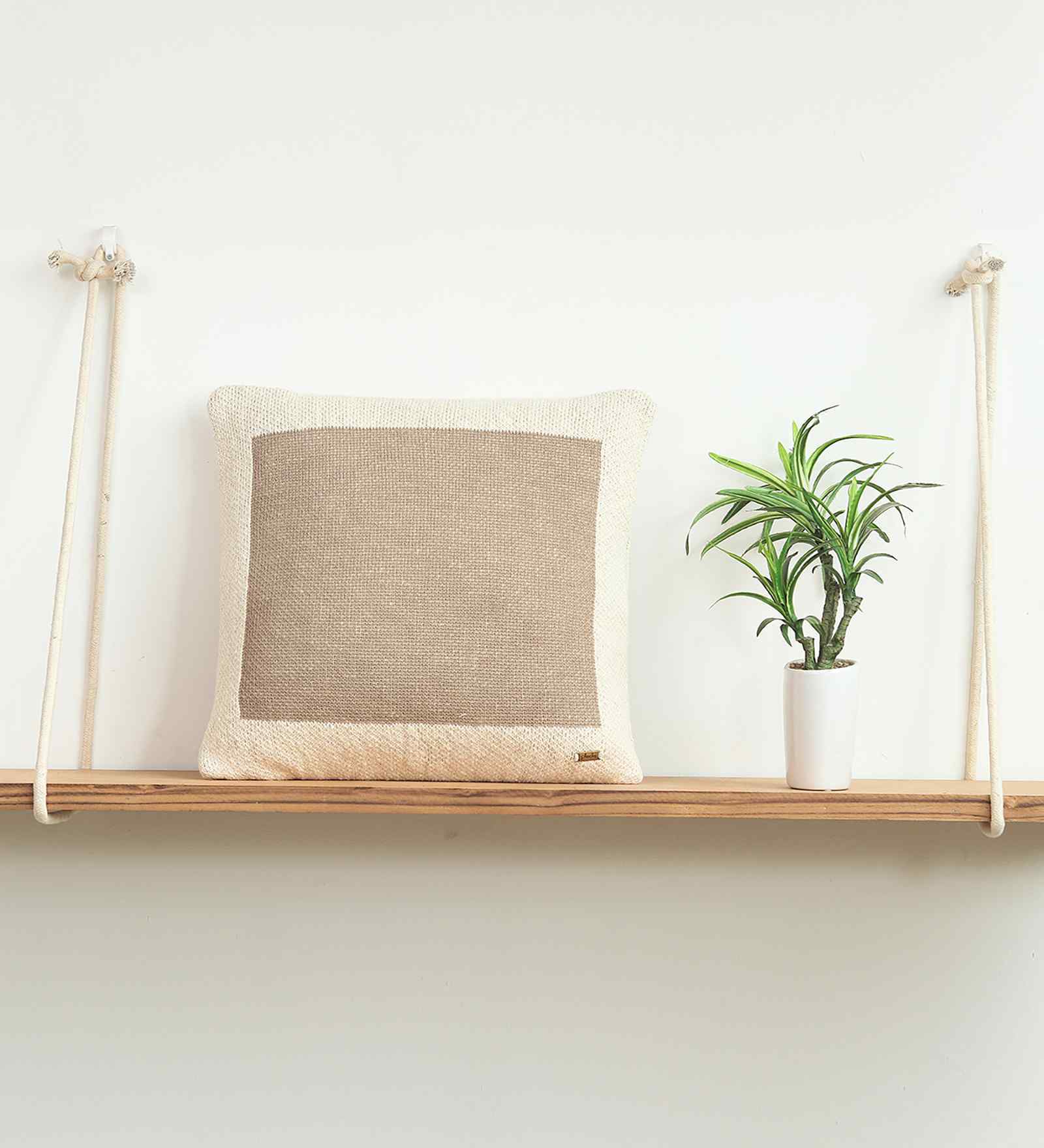 Beige 100% Cotton 16X16 Inches Knitted Cushion Cover