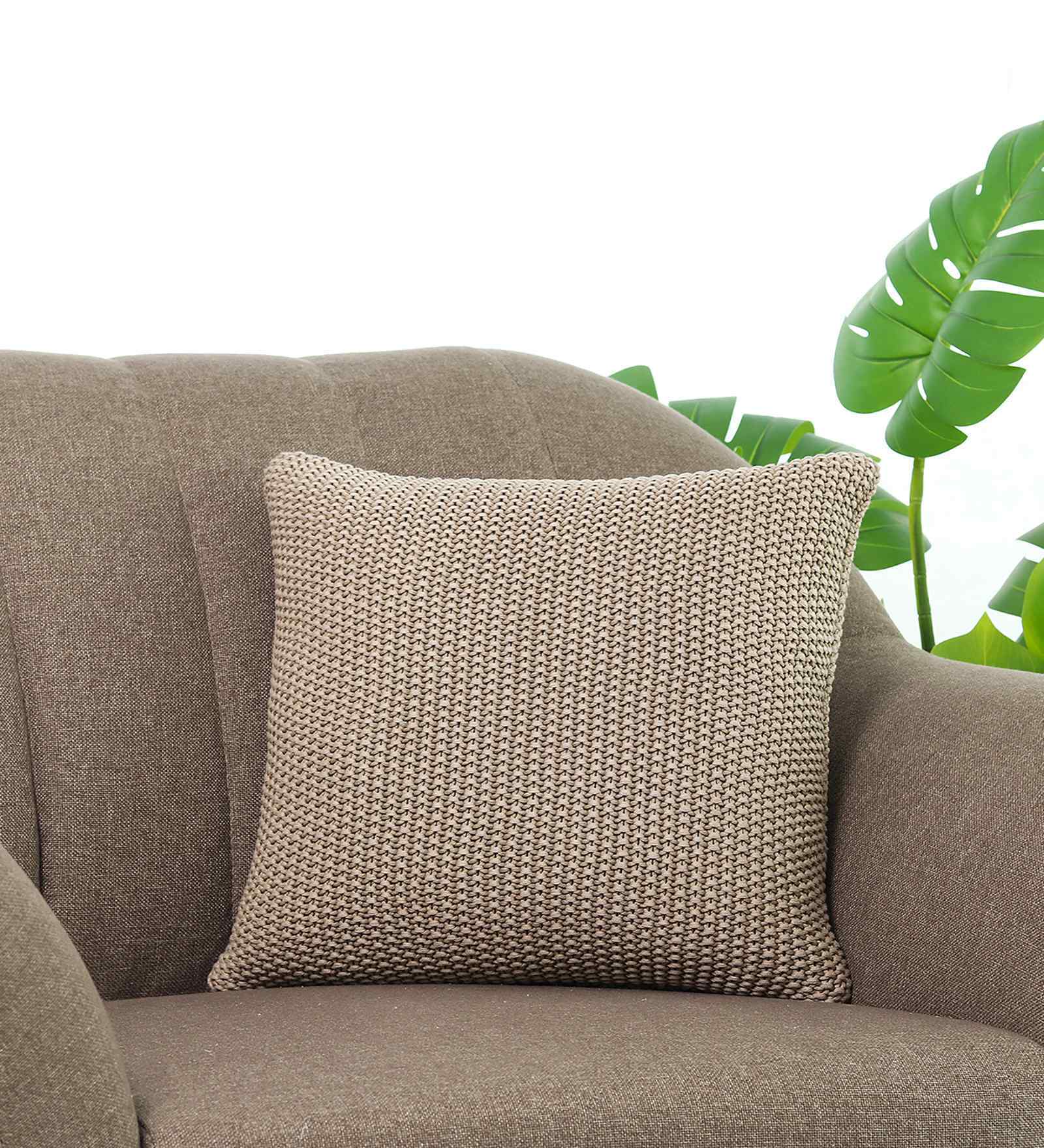 Beige 100% Cotton Knitted Purl 16X16 Inches Knitted Cushion Cover