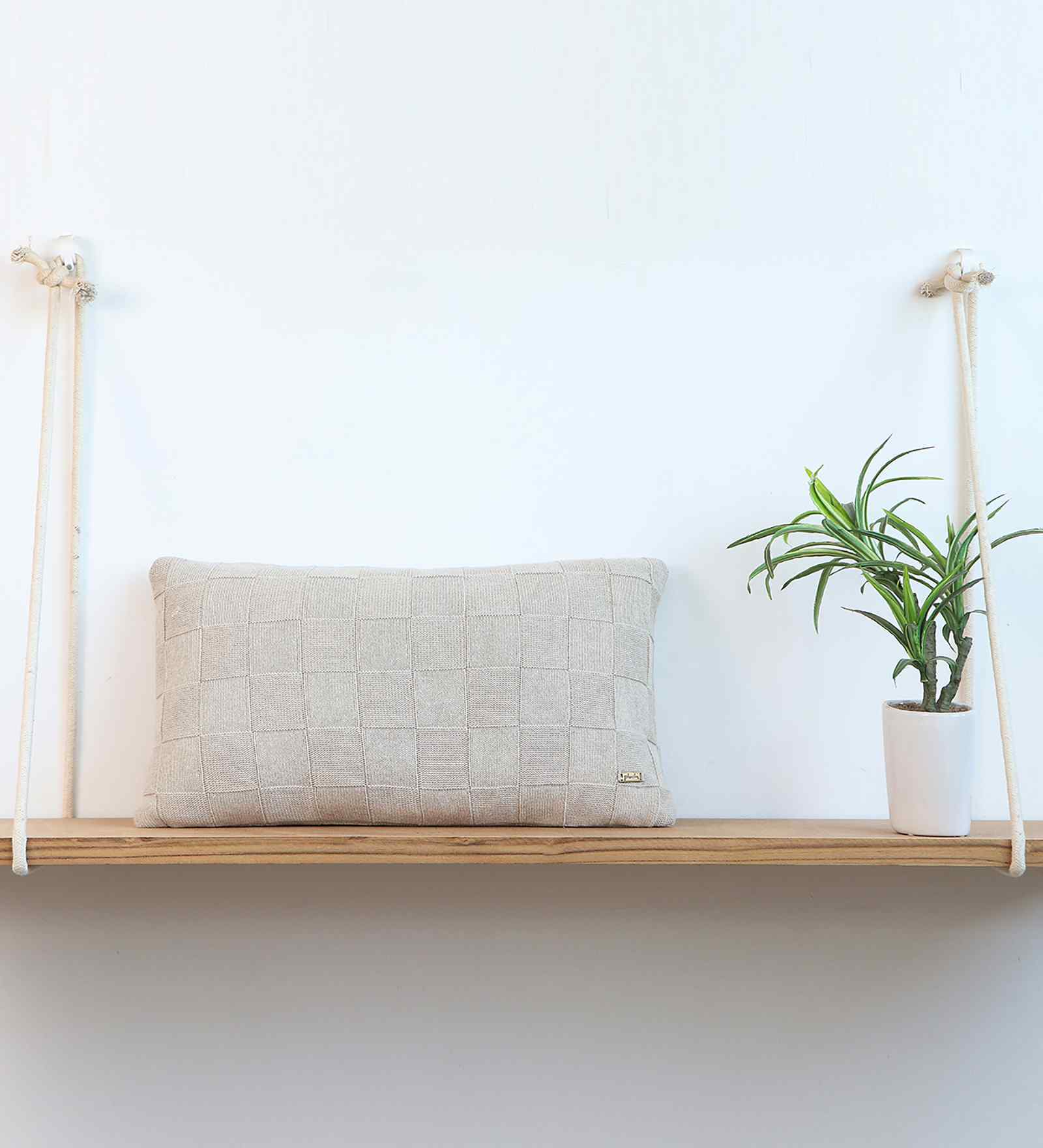 Beige 100% Cotton Square Check 12X20 Inches Knitted Cushion Cover