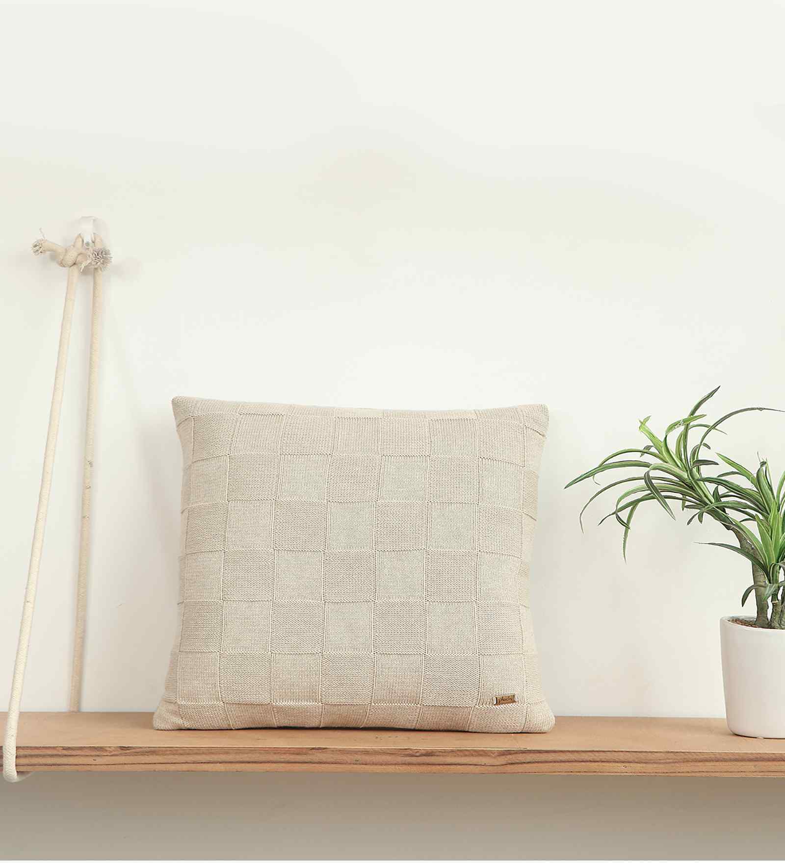 Beige 100% Cotton Square Check 16X16 Inches Knitted Cushion Cover