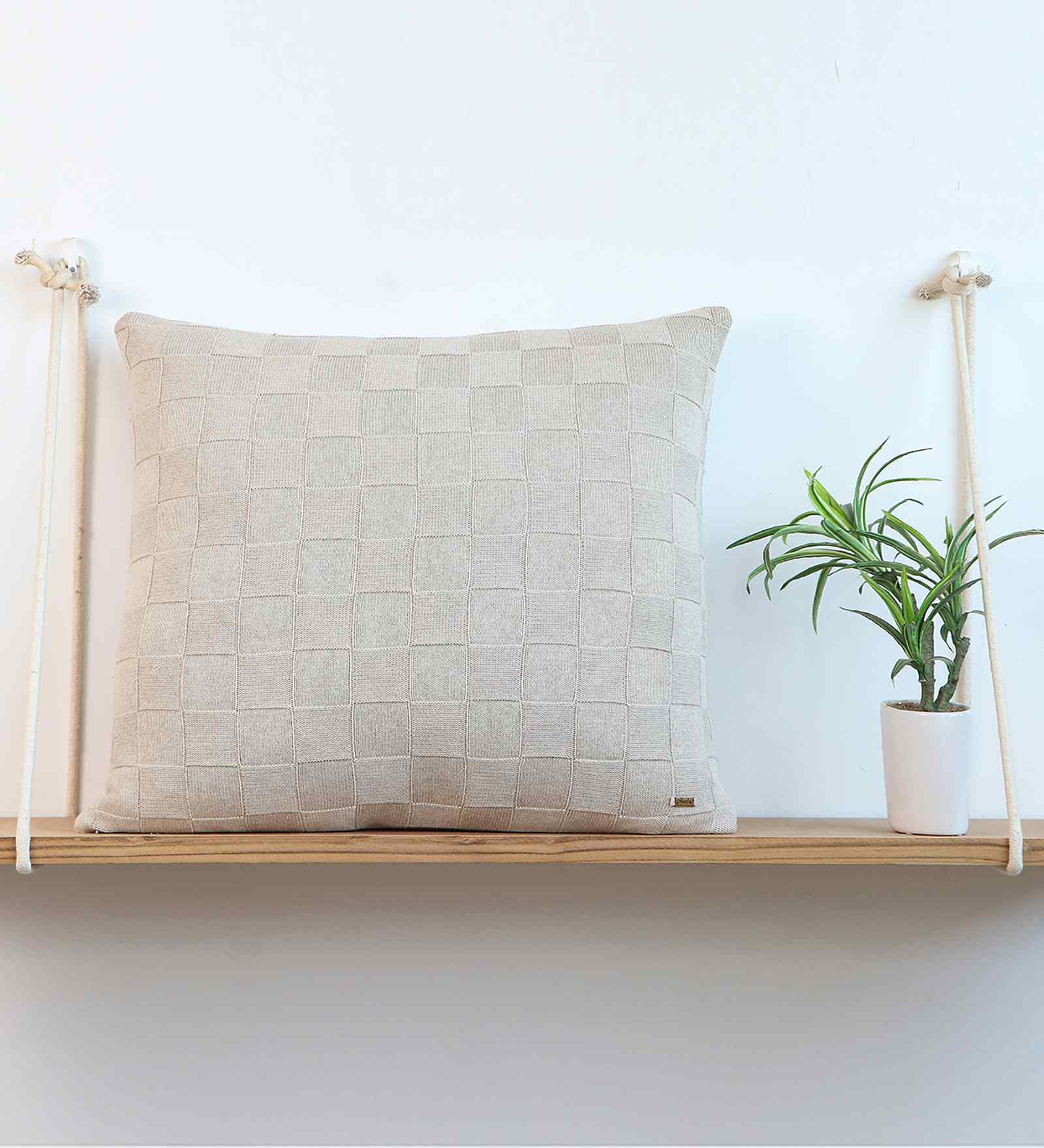 Beige 100% Cotton Square Check 24X24 Inches Knitted Cushion Cover