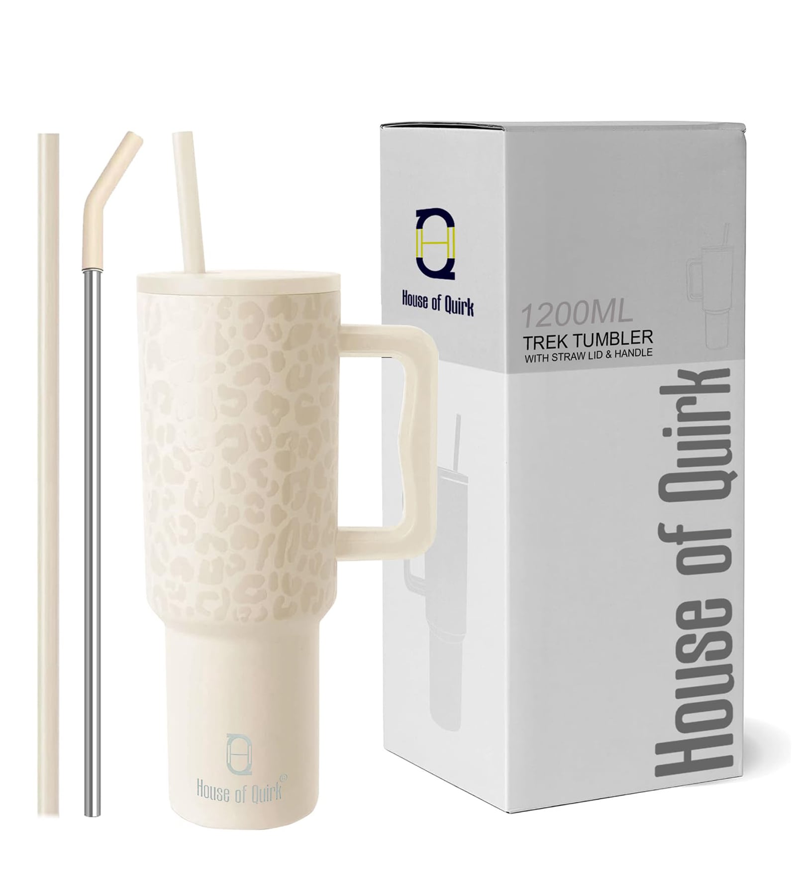 Beige 1200ml Stainless Steel Double Insulated Leak Proof Coffee Tumbler with Lid & Straw