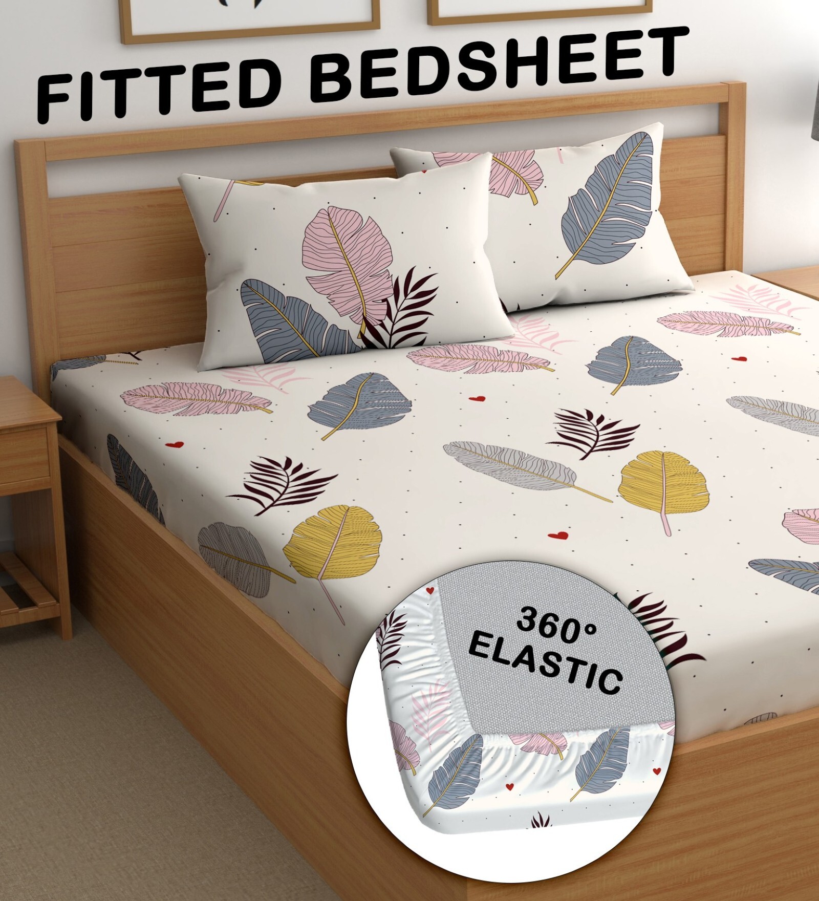 Beige 180 TC Geometric Cotton Fitted Double Bedsheet 2 Pillow covers