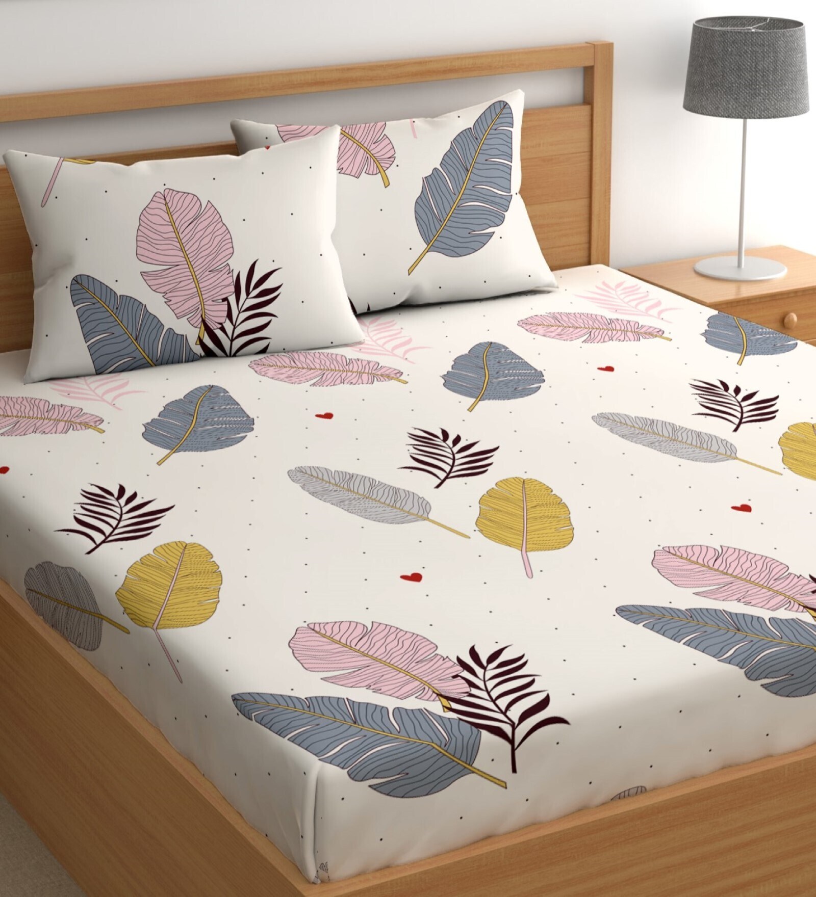 Beige 180 TC Floral Cotton Queen Double Bedsheet 2 Pillow covers