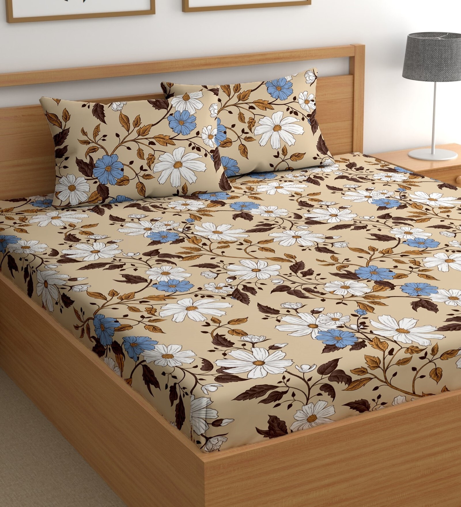 Beige 200 TC Floral Cotton Queen Double Bedsheet 2 Pillow covers