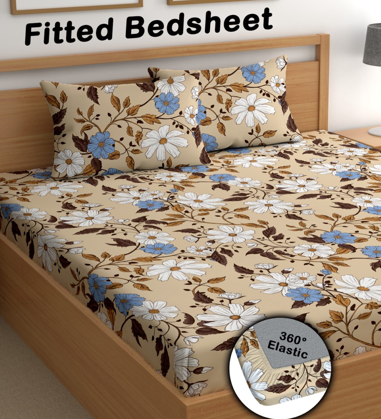 Beige 200 TC Floral Cotton Fitted Double Bedsheet 2 Pillow covers