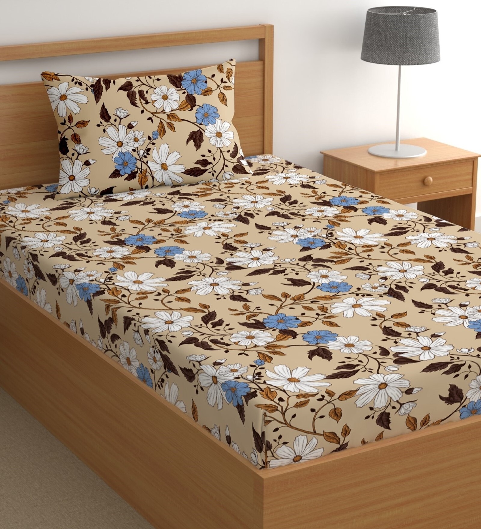 Beige 200 TC Floral Cotton Single Bedsheet Pillow covers