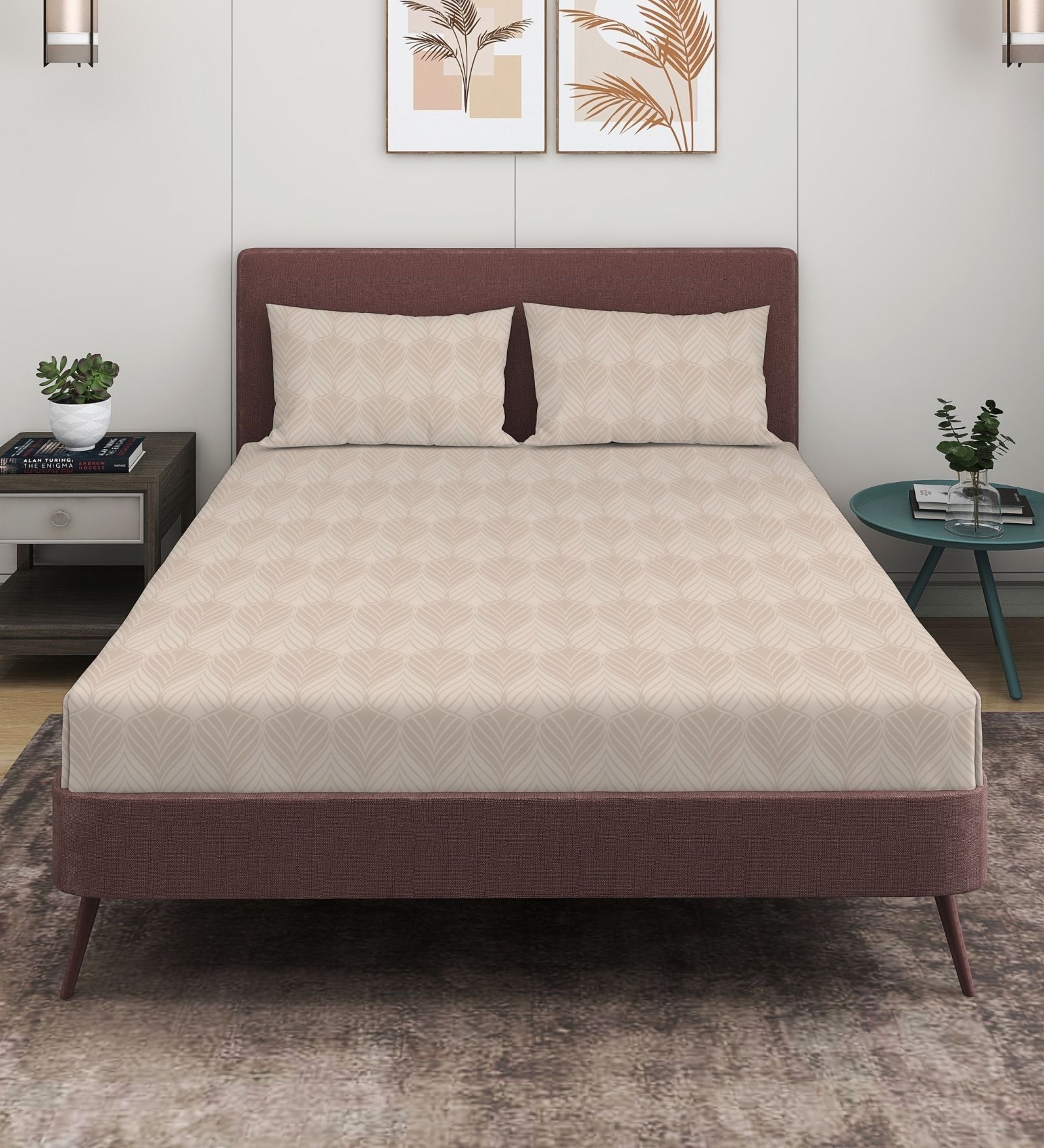 Beige 280 TC Glace Cotton Fitted Bedsheet With Embossed Leaf Pattern