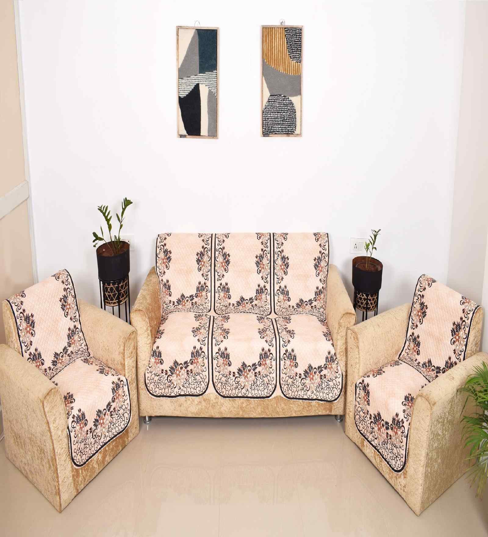 Beige 5 Seater Floral 10Pcs Sofa Covers