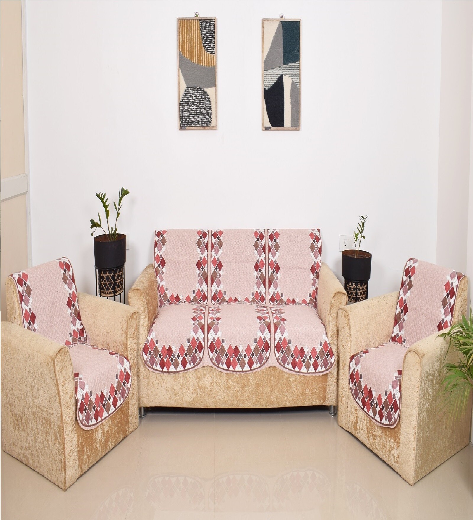 Beige 5 Seater Geometric 10Pcs Sofa Covers