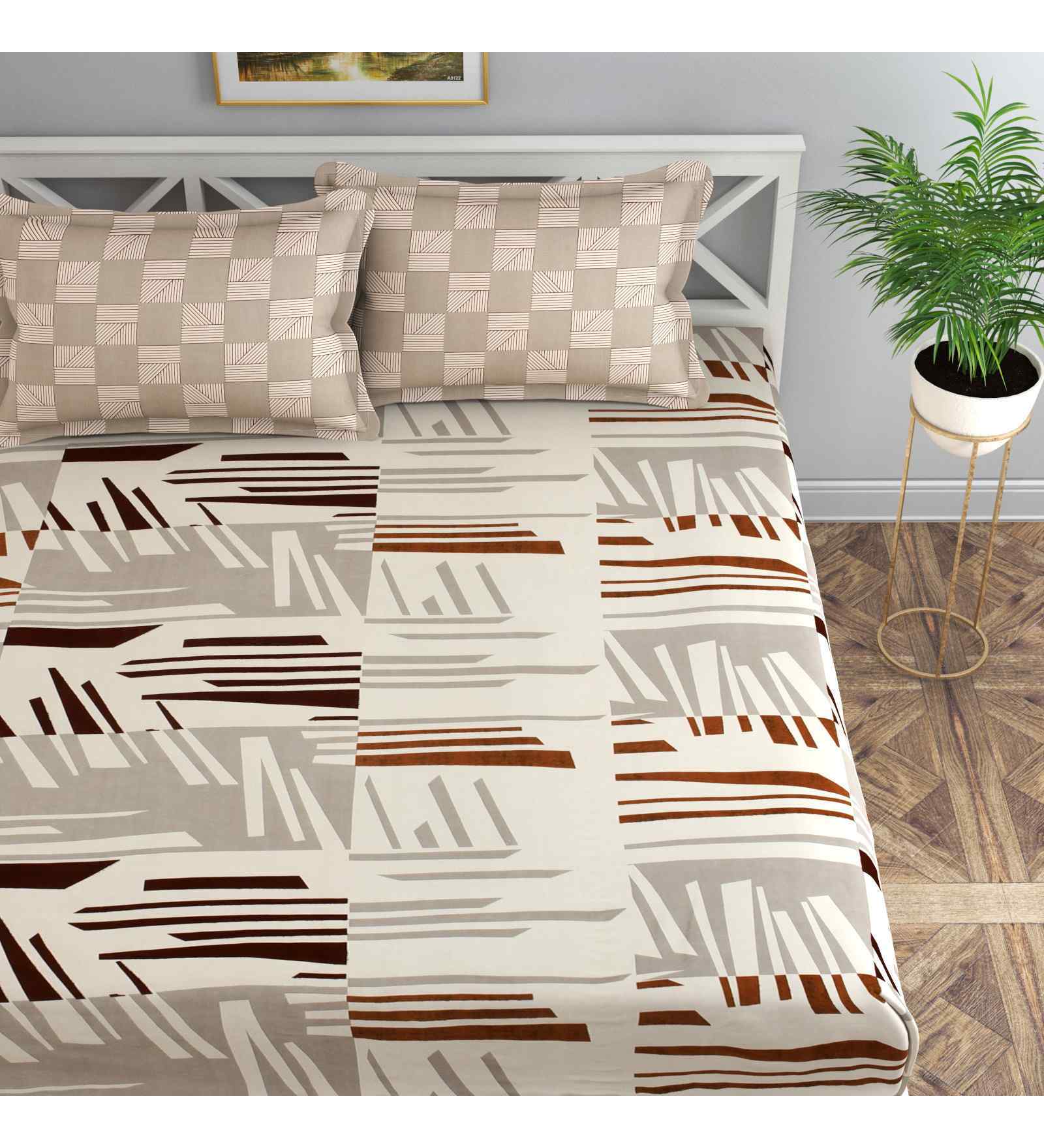 Beige Abstract 144 TC Cotton King Sized Bedsheet Bedsheet 2 Pillow Prime Collection