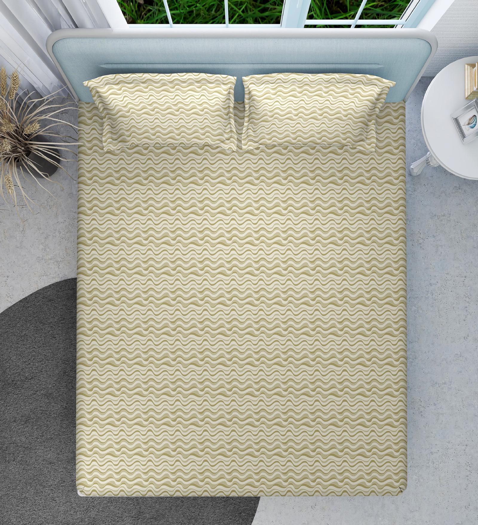Beige Abstract 144 TC Cotton Queen Sized Double Bedsheet with 2 Pillow Covers Wave Drift Collection