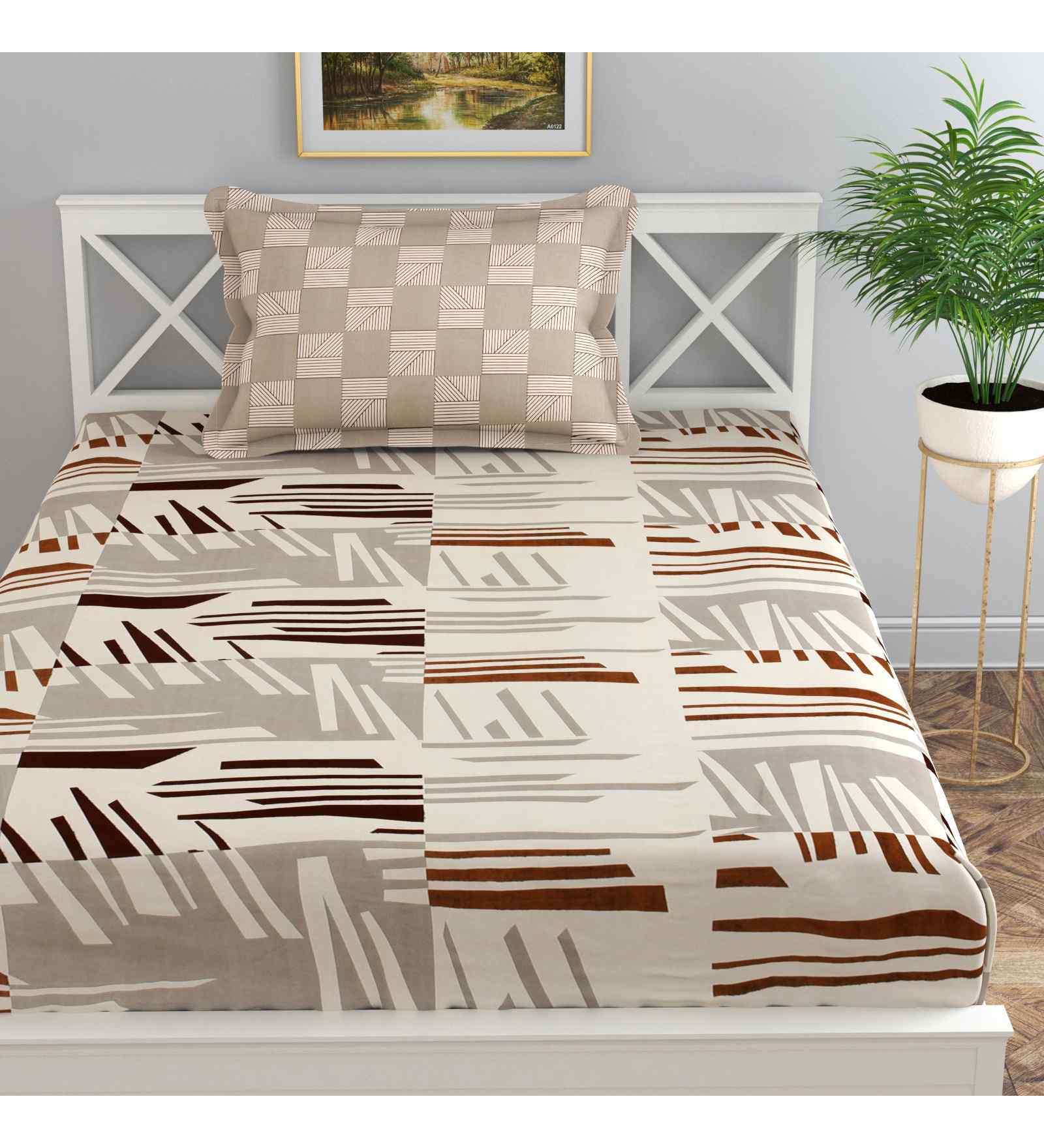 Beige Abstract 144 TC Cotton Single Bed Sheet Bedsheet 1 Pillow Prime Collection