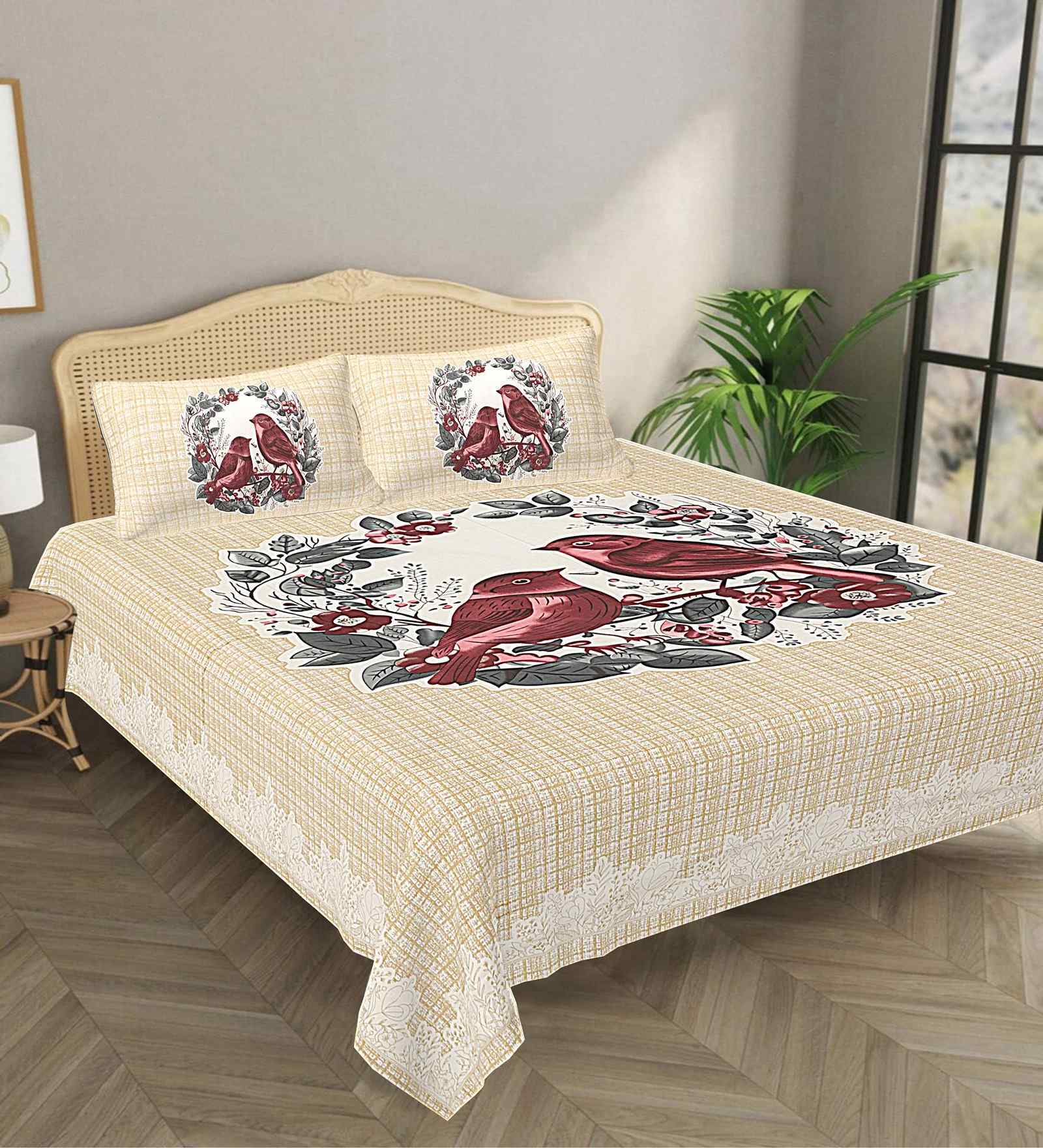 Beige Abstract 180 TC Cotton  King Sized Bedsheet with 2 Pillow Covers