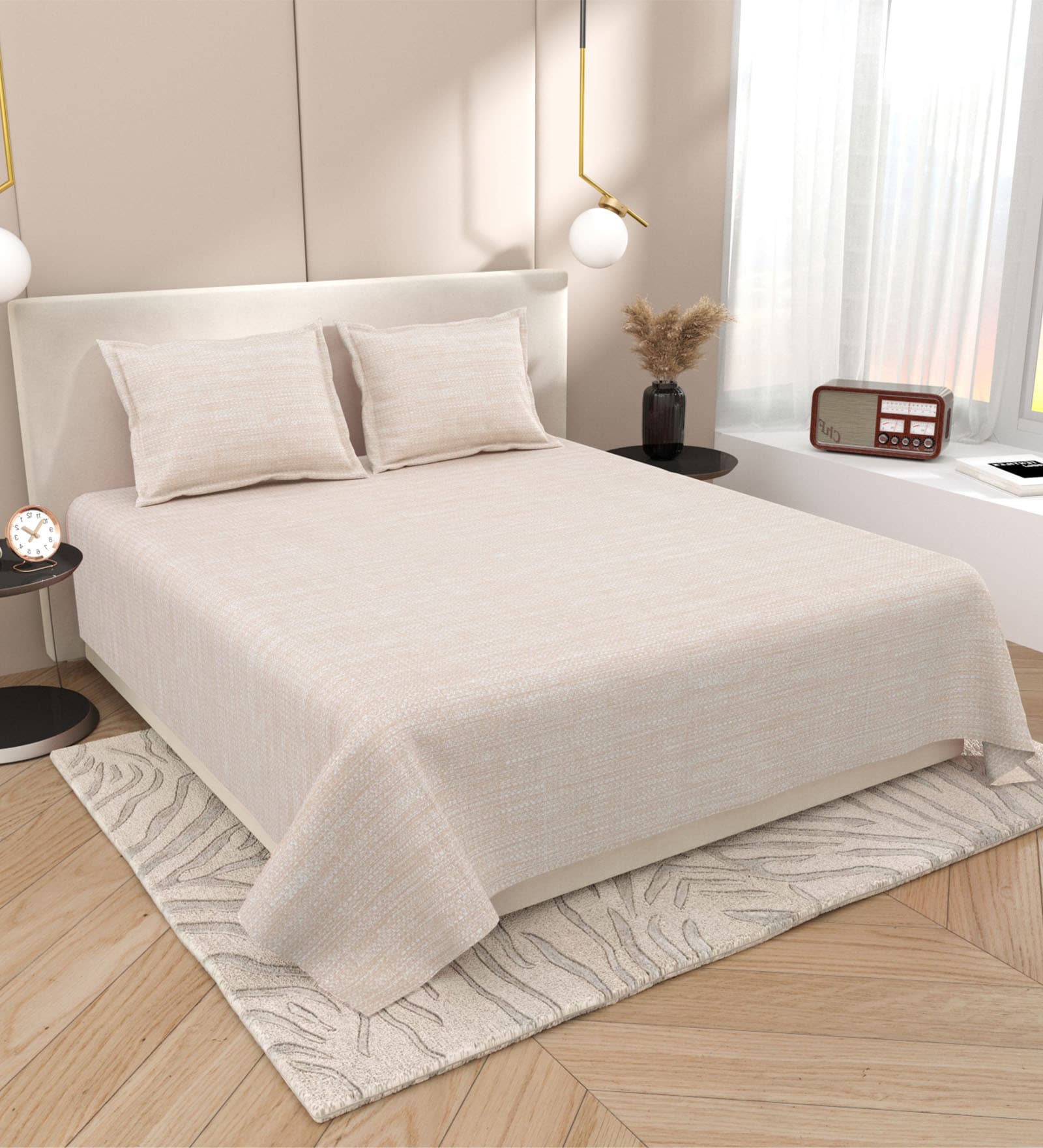 Beige Abstract 220 Tc Cotton Super King Bedsheet With 2 Pillow Covers