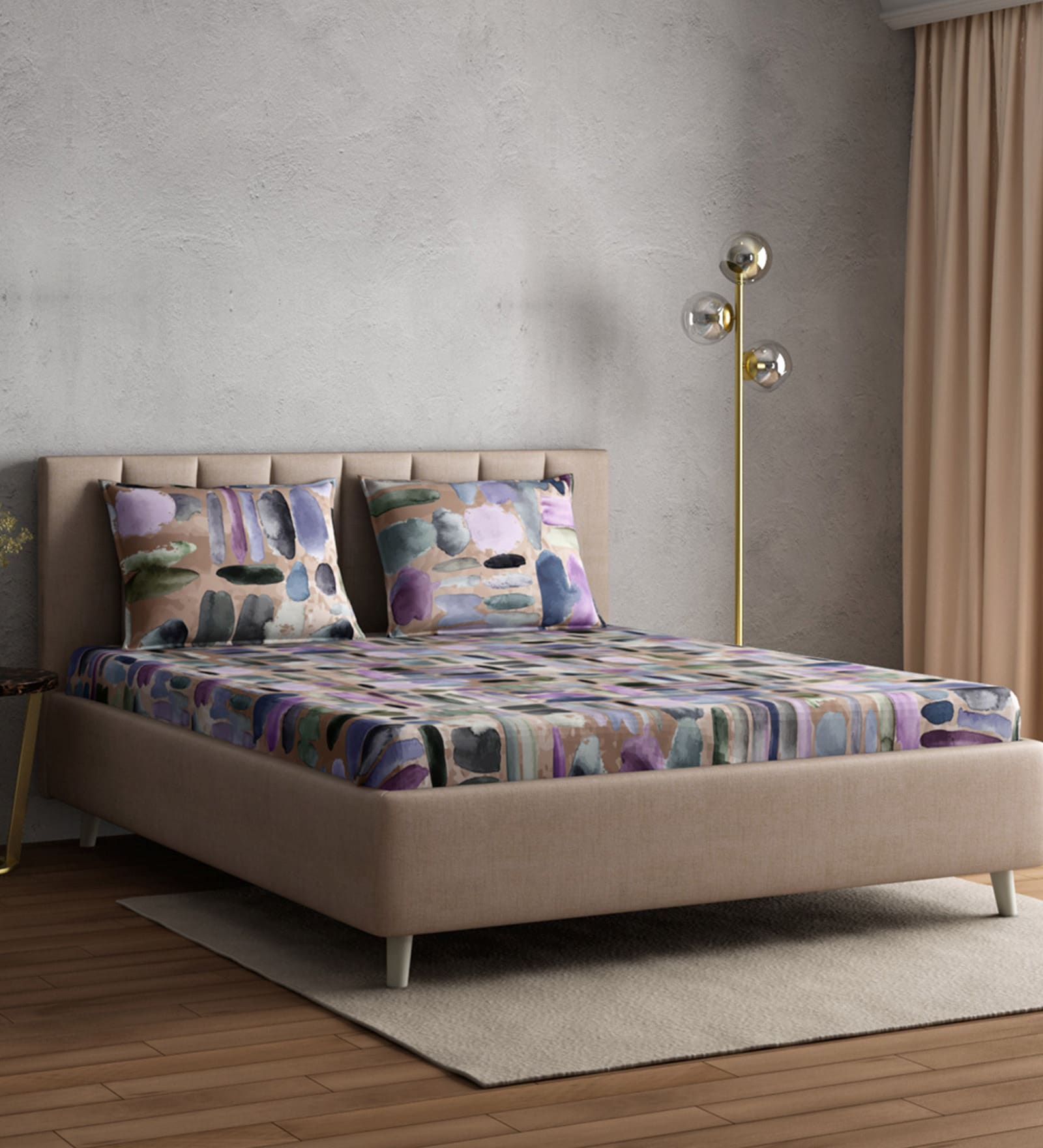 Beige Abstract 300 TC 100% Cotton Queen Sized Bed Sheets with 2 Pillow Covers