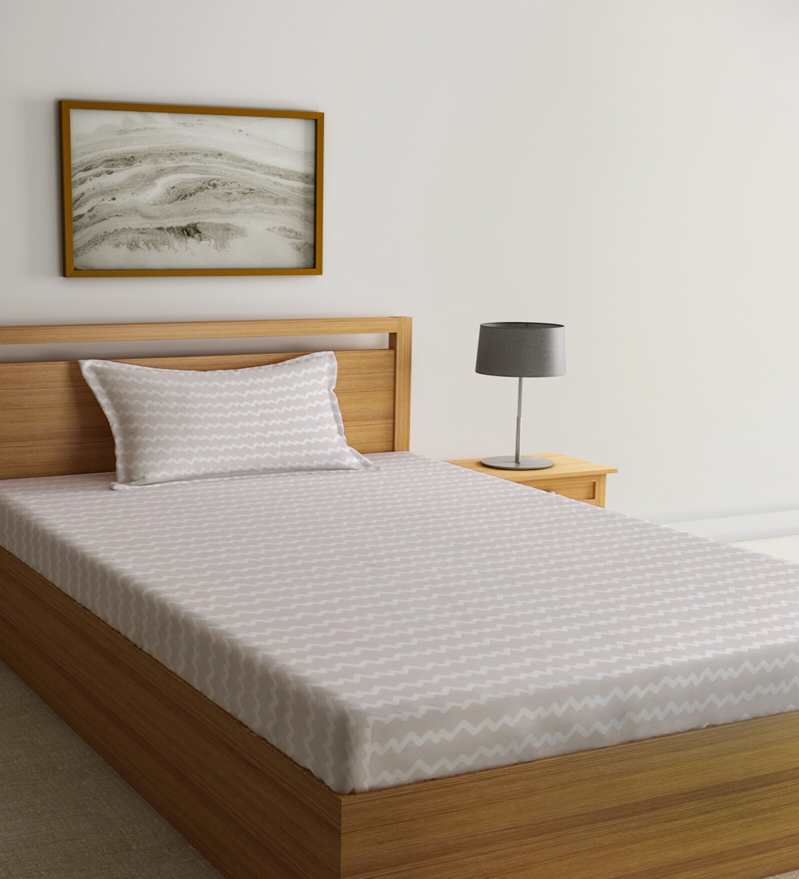 Beige Abstract 300 TC Cotton Fitted Single Bedsheet with 1 Pillow Cover