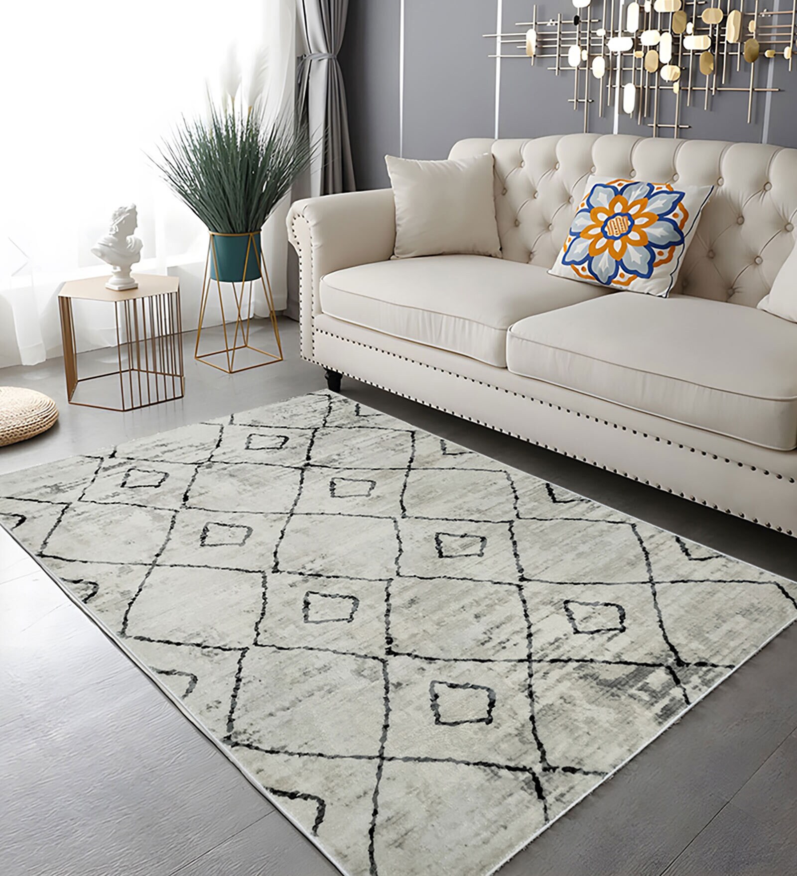 Beige Geometric 4 Ft X 6 Ft Machine Made Carpet