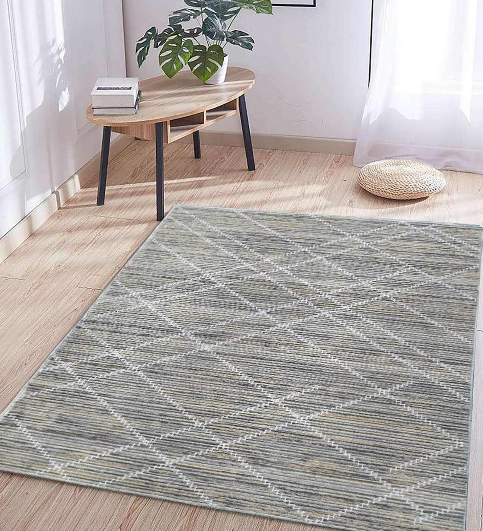 Beige Geometric 4 Ft X 6 Ft Machine Made Carpet