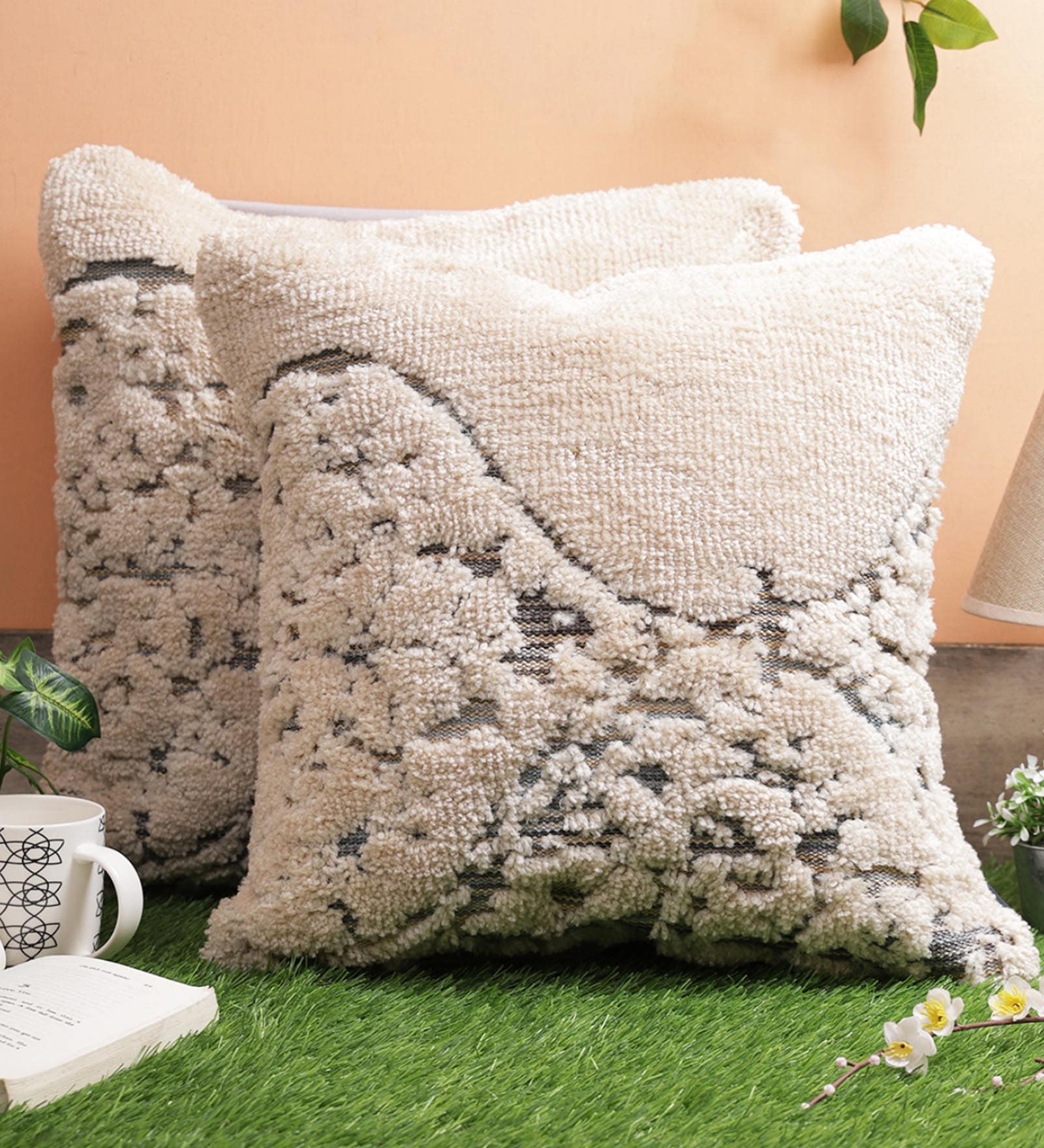 Beige Wool Tufted Abstract 18x18 inches Cushion Cover (2Pc)