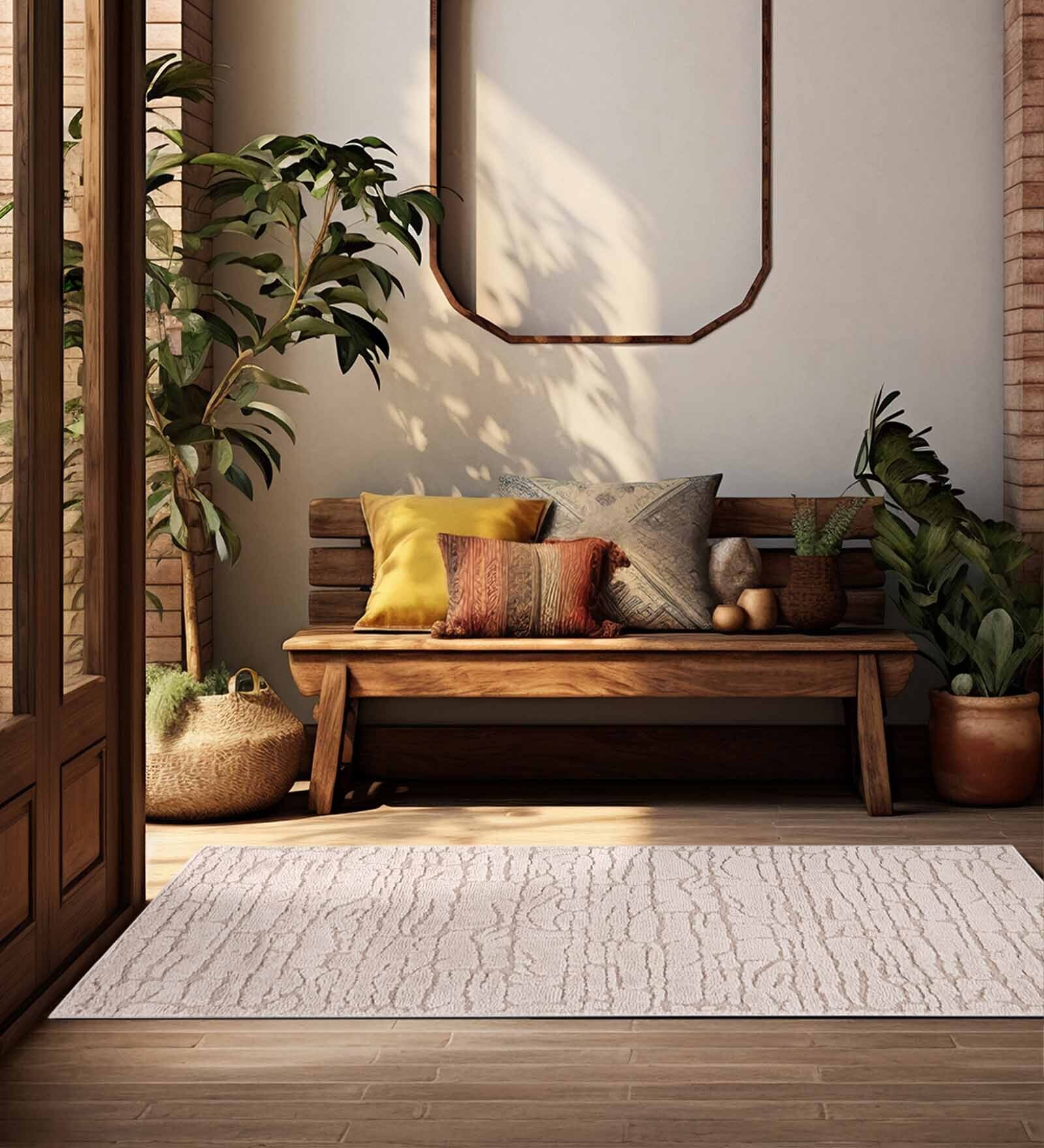 Beige Abstract Polyester 5 x 7 Feet Machine Made Carpet