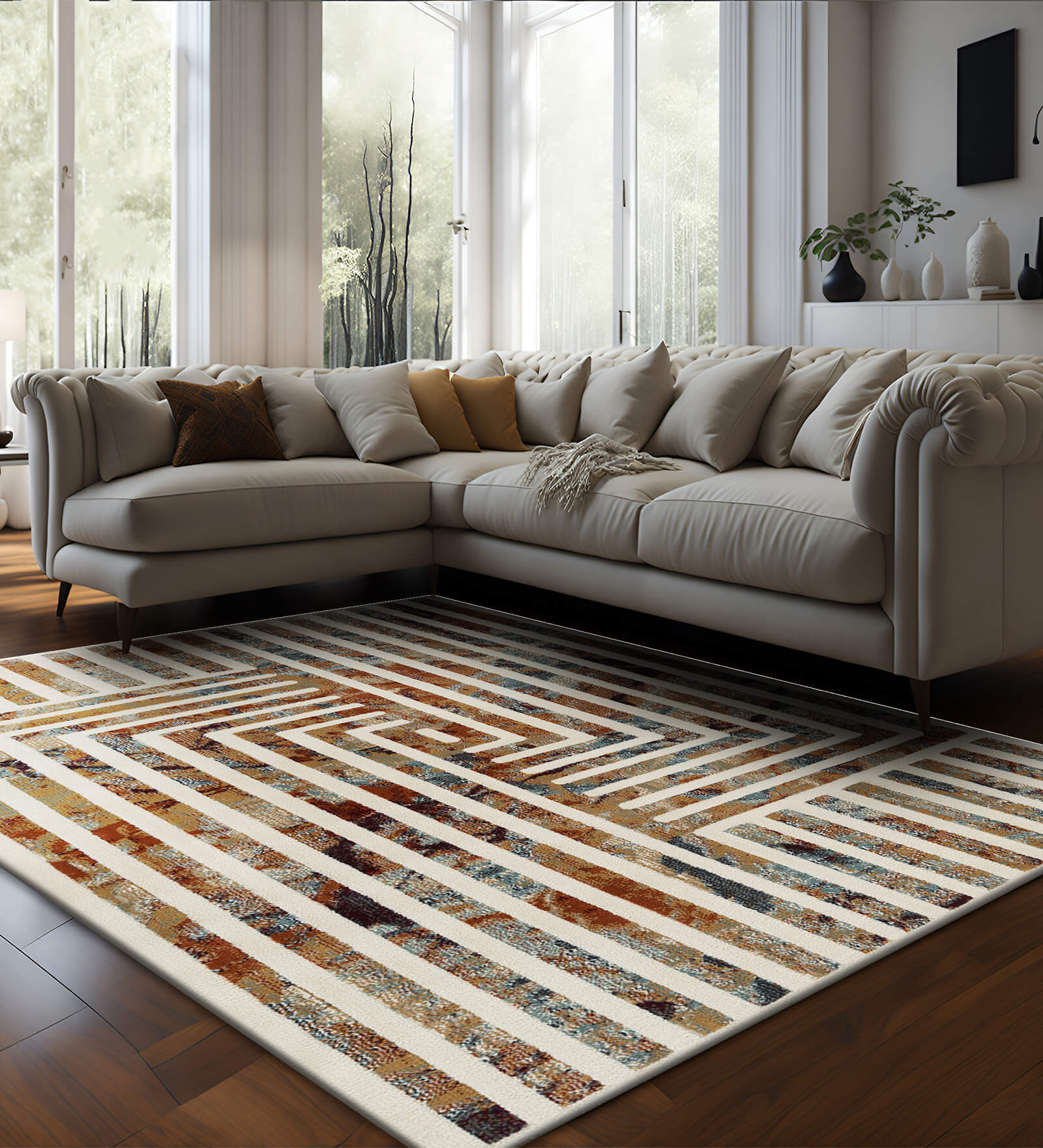 Beige Abstract Polypropylene 5 ft X 7 ft Machine Made Carpet