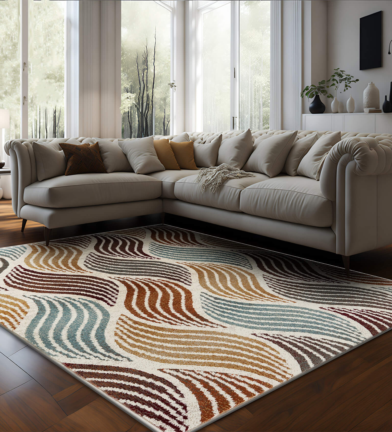 Beige Abstract Polypropylene 6 ft x 9 ft Machine Made Carpet