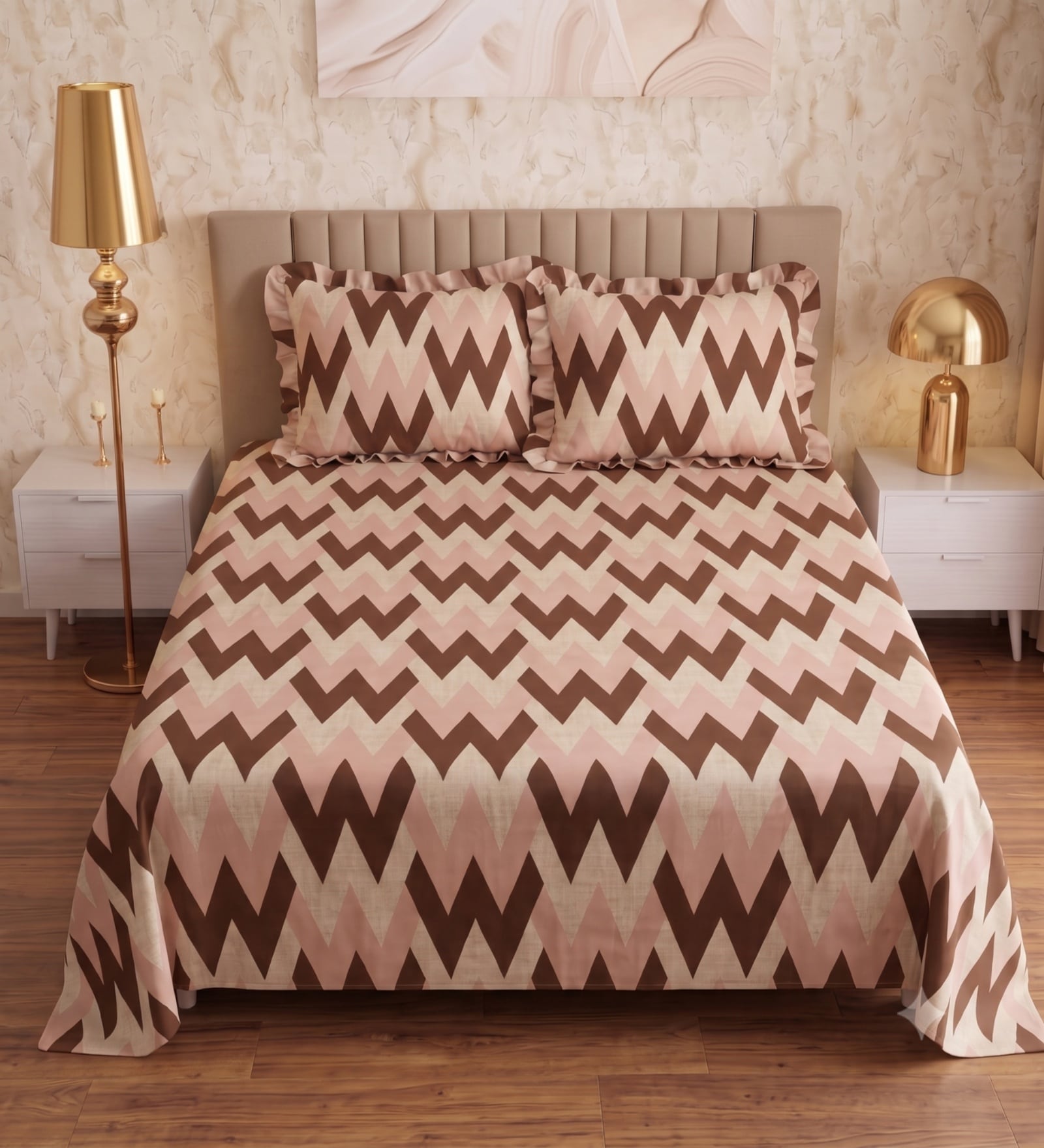 Beige Abstract 260 TC Polycotton Double Flat Bedsheet with 2 Frill Pillow Covers