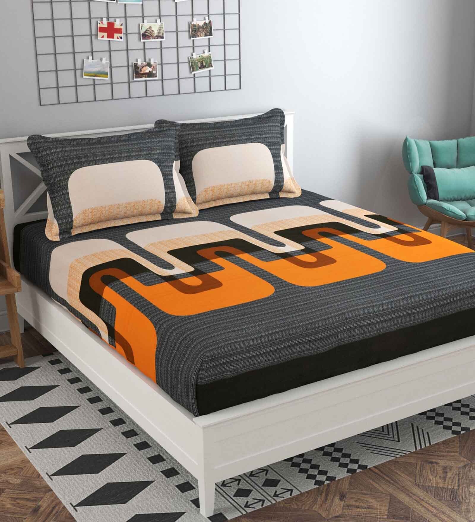 Beige Abstract 160 TC Cotton Blend Queen Sized Bed Sheets with 2 Pillow Covers