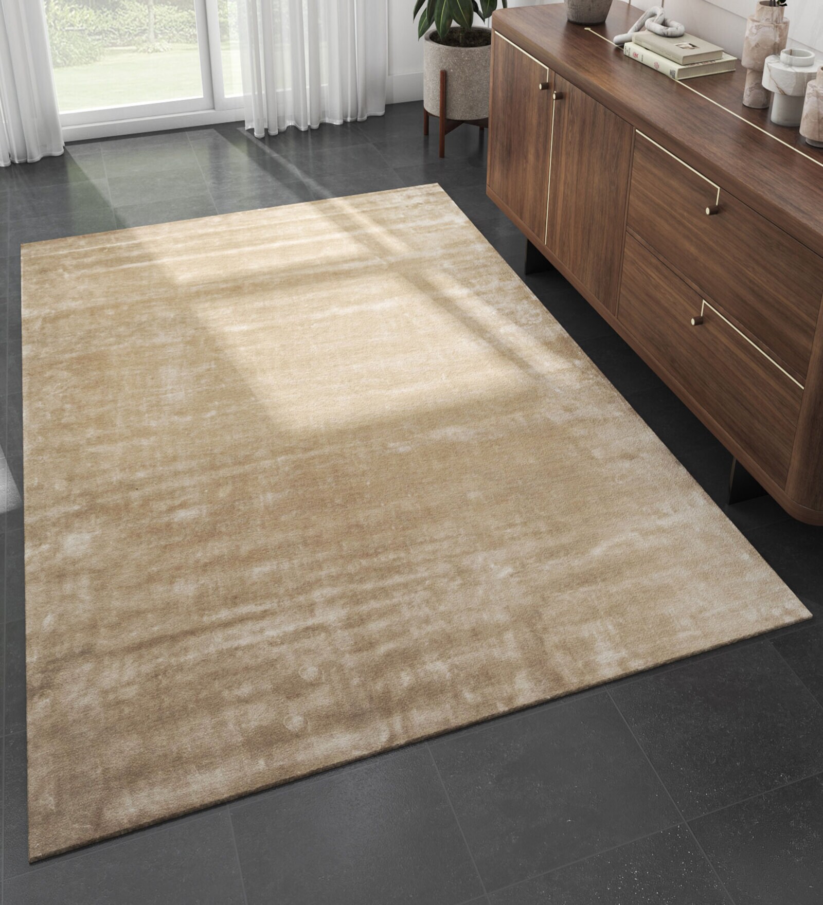 Beige Abstract Viscose 4 ft X 6 ft Hand Tufted Rectangle Carpet