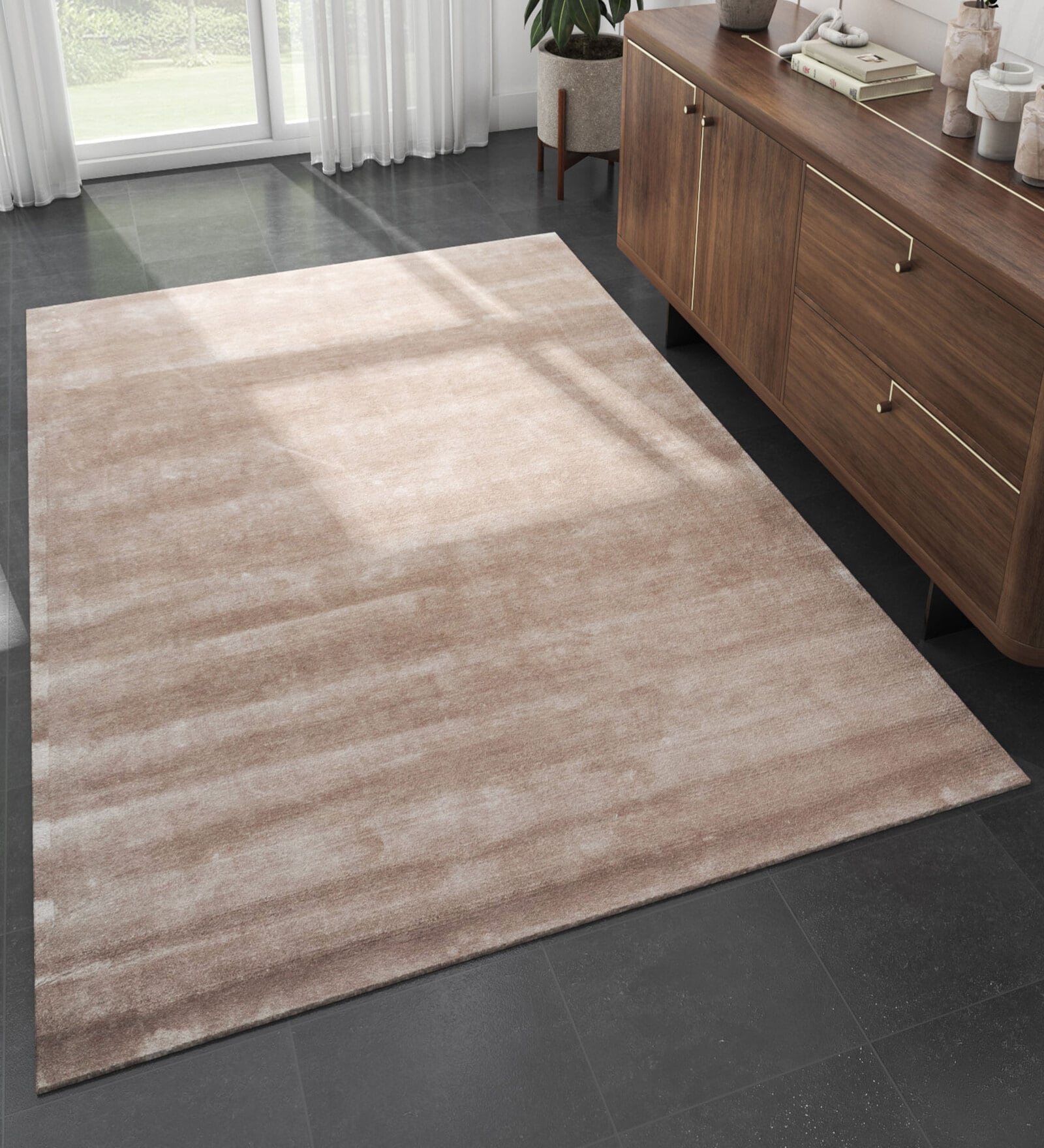 Beige Abstract Viscose 5 ft X 8 ft Hand Tufted Rectangle Carpet