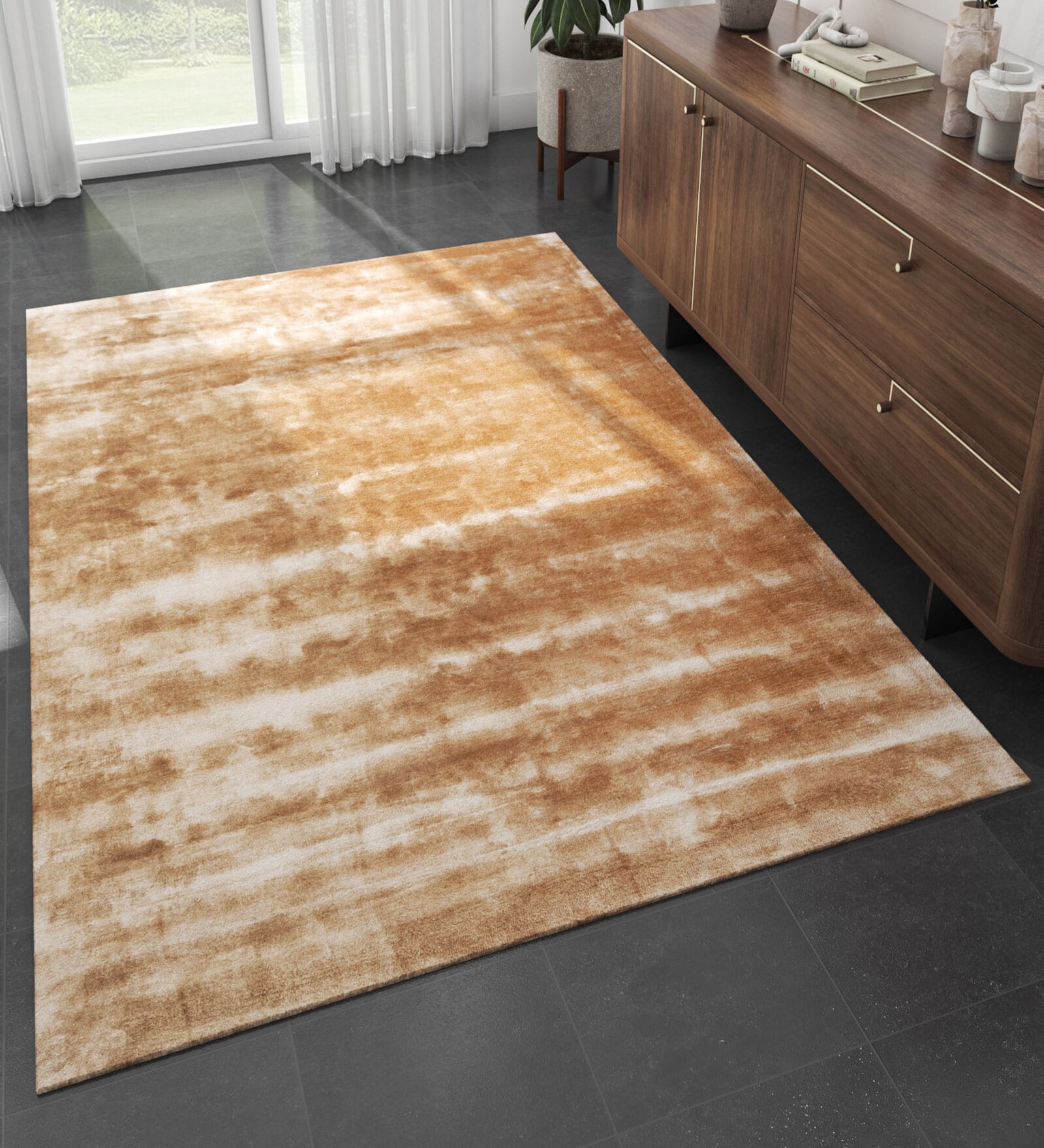 Beige Abstract Viscose 5 ft X 8 ft Hand Tufted Rectangle Carpet