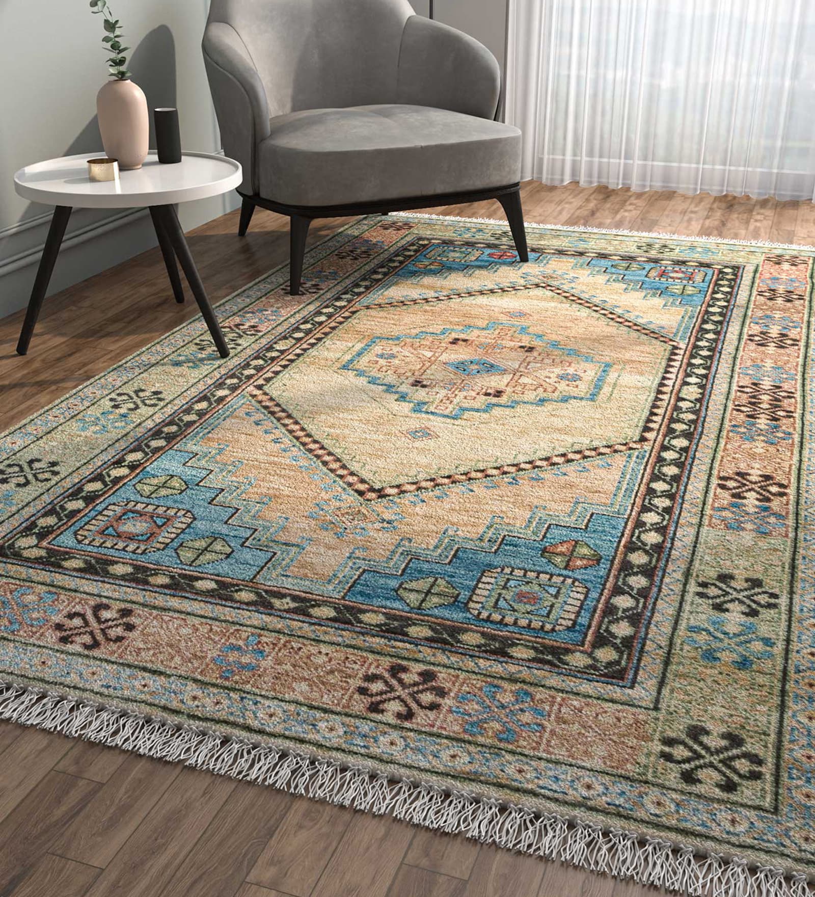 Beige Abstract Wool 6 ft x 9 ft Hand Knotted Carpet