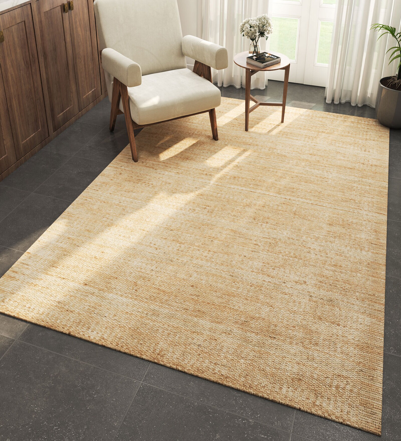Beige Abstract Wool 6 ft X 9 ft Hand Woven Carpet