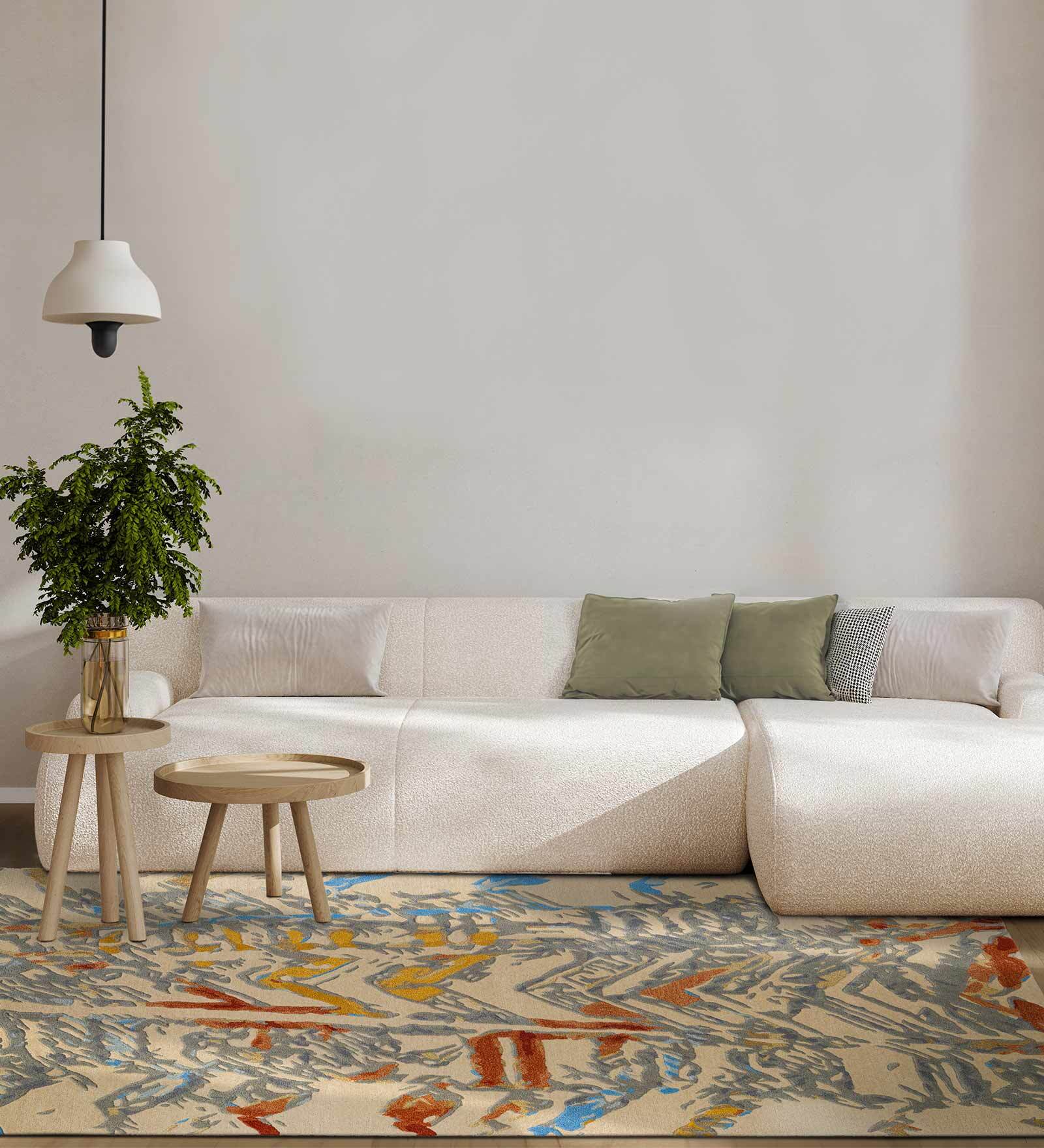 Beige Abstract Wool and Cotton 5 ft x 8 ft Hand tufted Carpet